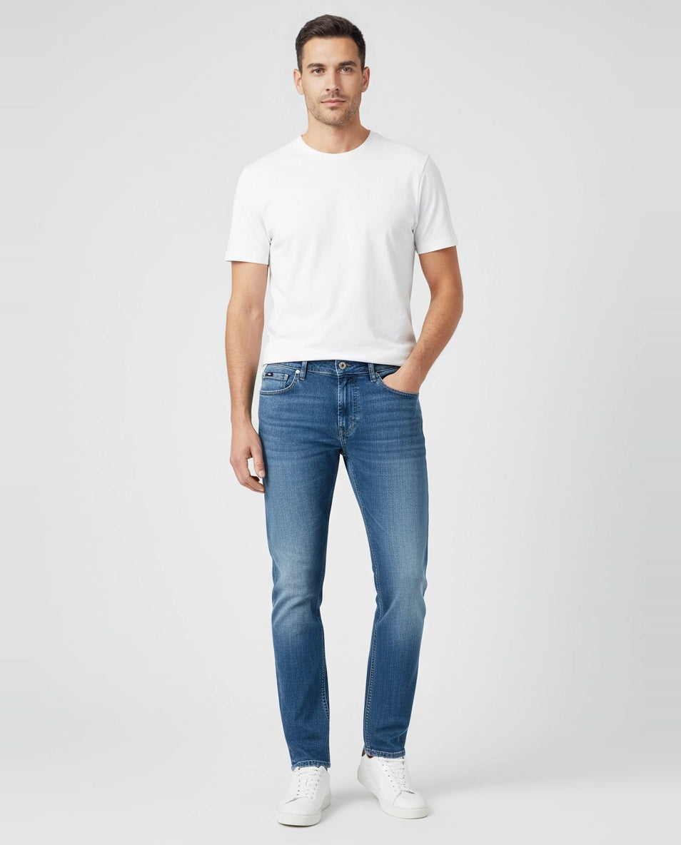 Mens BOSS Black C-Delaware Bright Blue Slim Fit Jeans on model