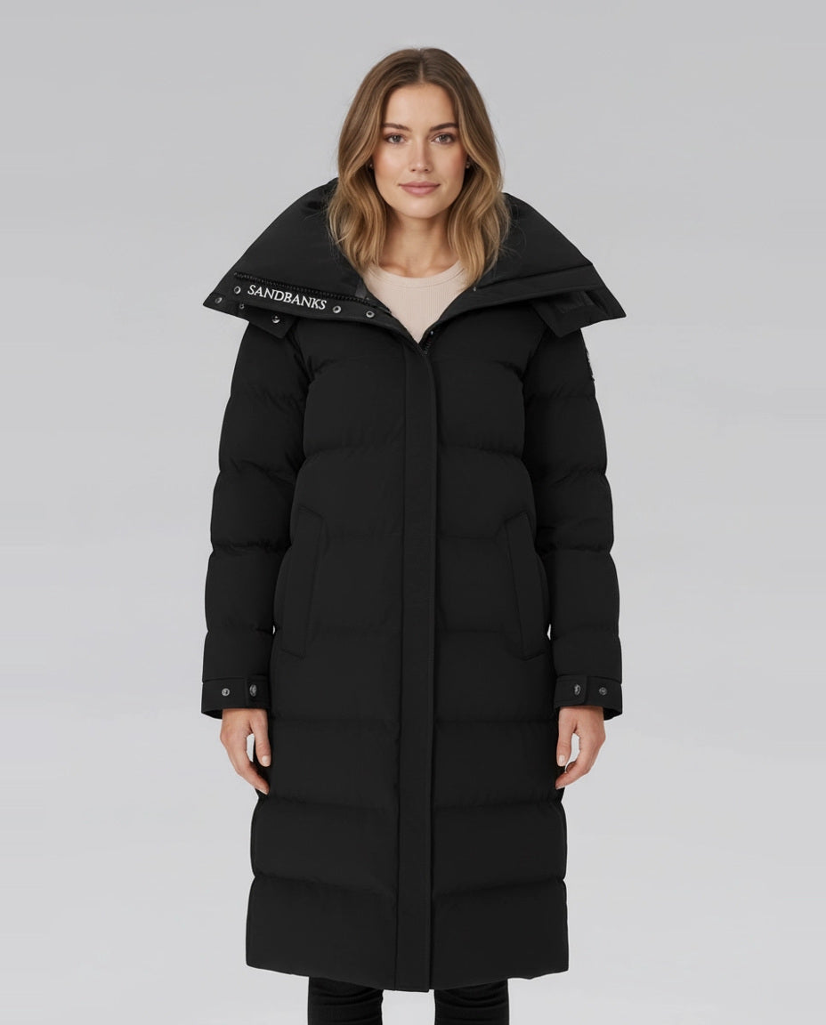 Women's Sandbanks Haven Black Long Puffer Jacket on model