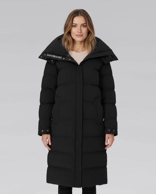 Women's Sandbanks Haven Black Long Puffer Jacket on model