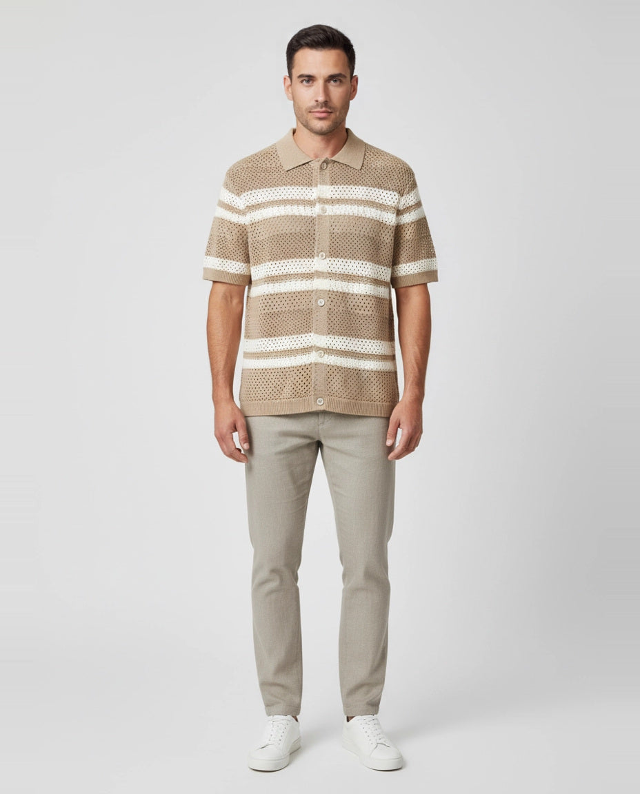 Mens Les Deux Dark Sand Gianni Knitted Shirt on model