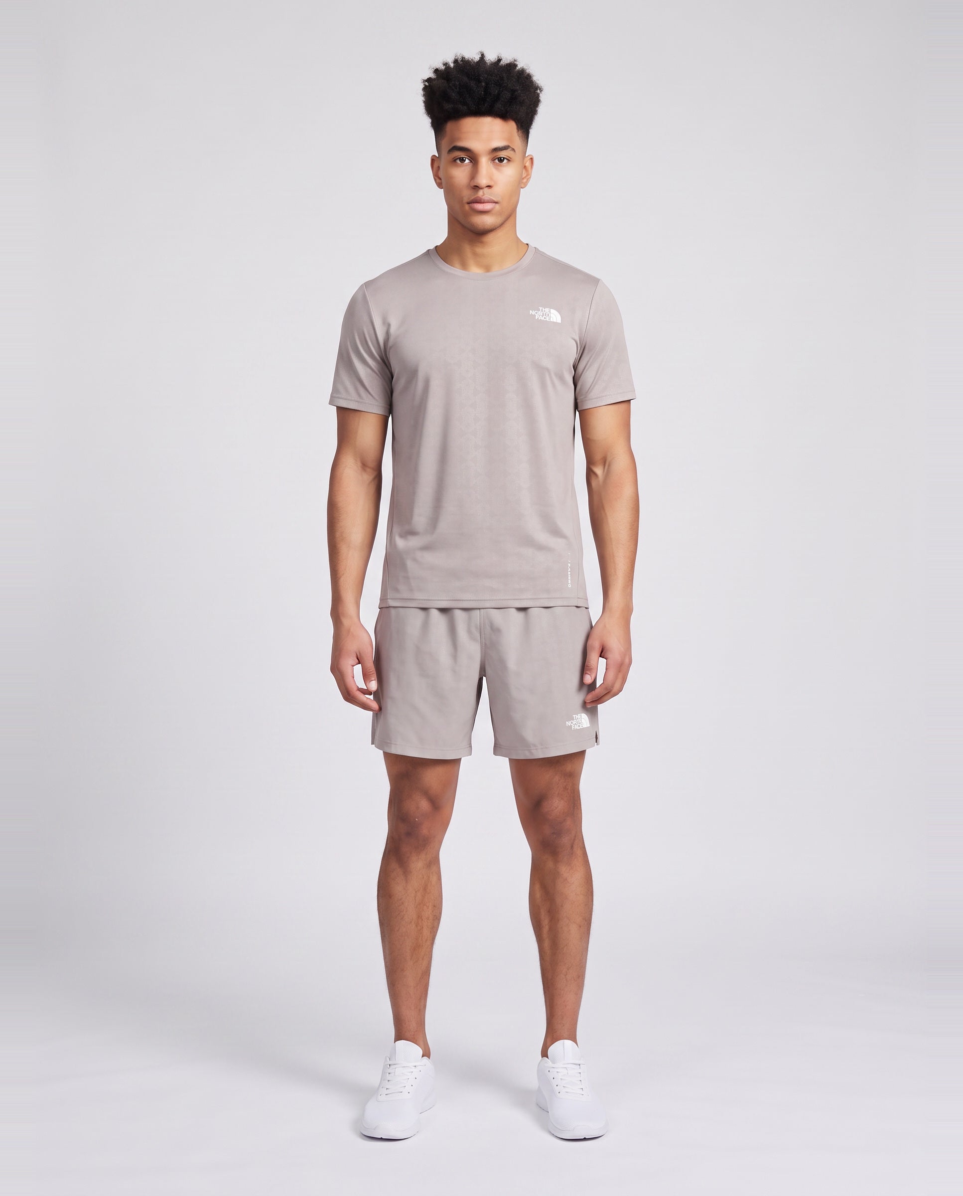 Mens The North Face 24/7 PTD EB RG SS Meld Grey T Shirt & 7IN Meld Grey Short Set — on model