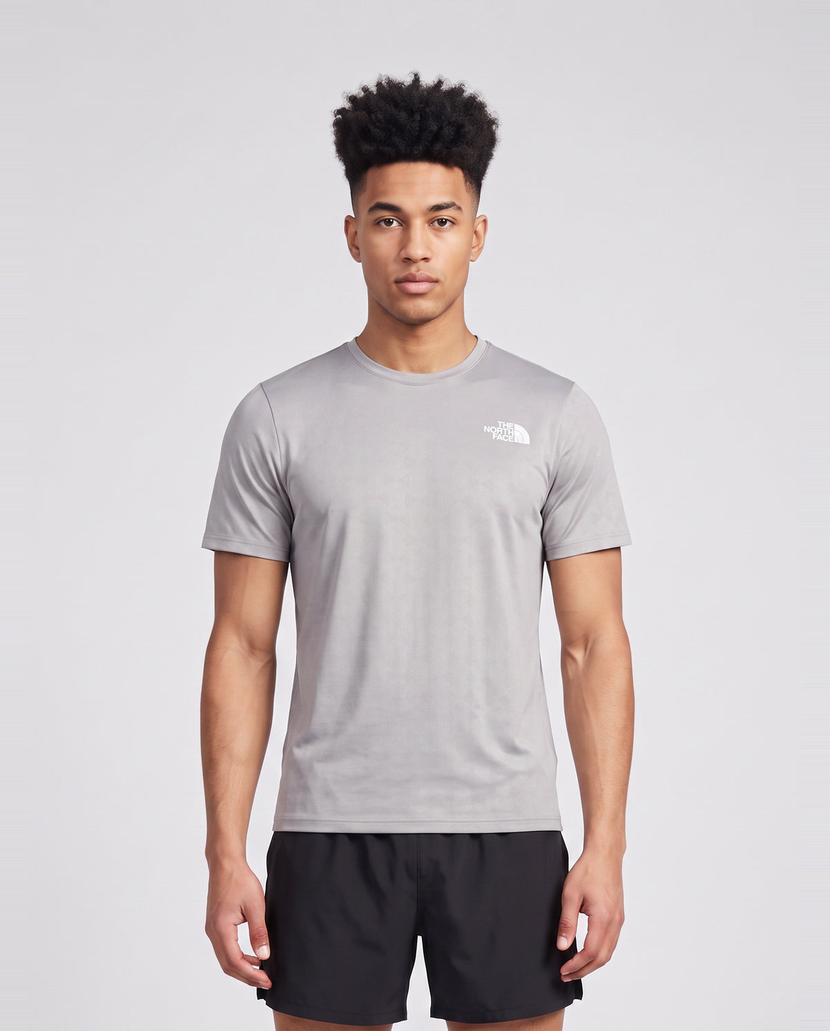 Mens The North Face 24/7 PTD EB RG SS Meld Grey T Shirt — on model