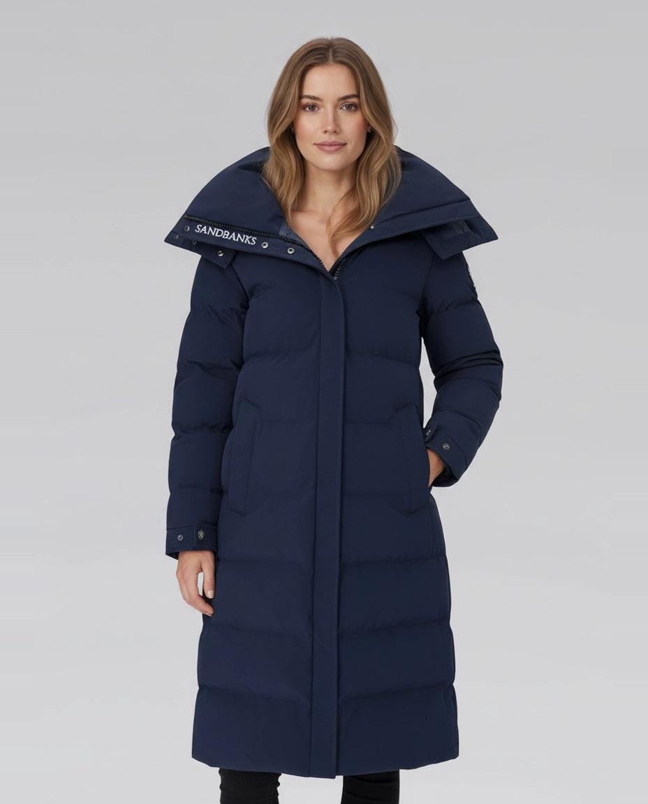Women's Sandbanks Haven Navy Long Puffer Jacket on model