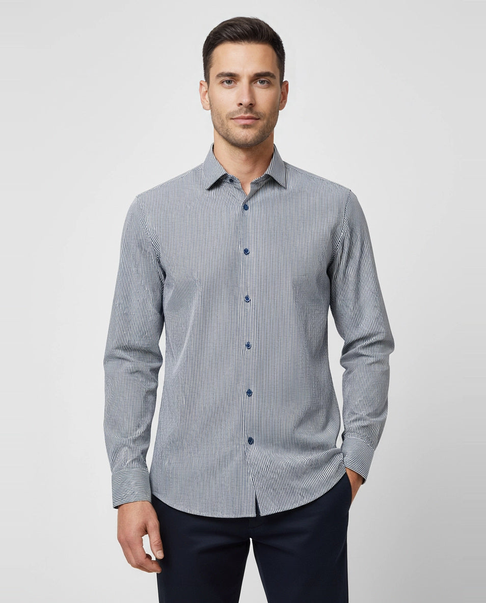 Mens BOSS Black P-HANK-kent-C1-222 Dark Blue Slim Fit Shirt on model