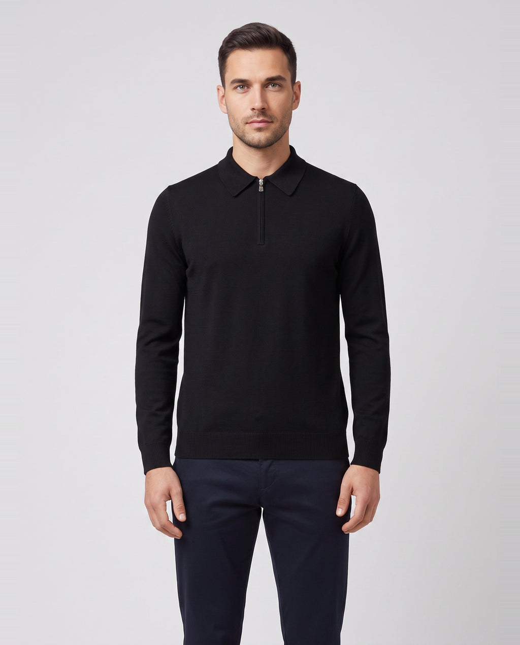 Men's Gran Sasso Black Long Sleeve Zip Merino Wool Knitted Polo Shirt — on model