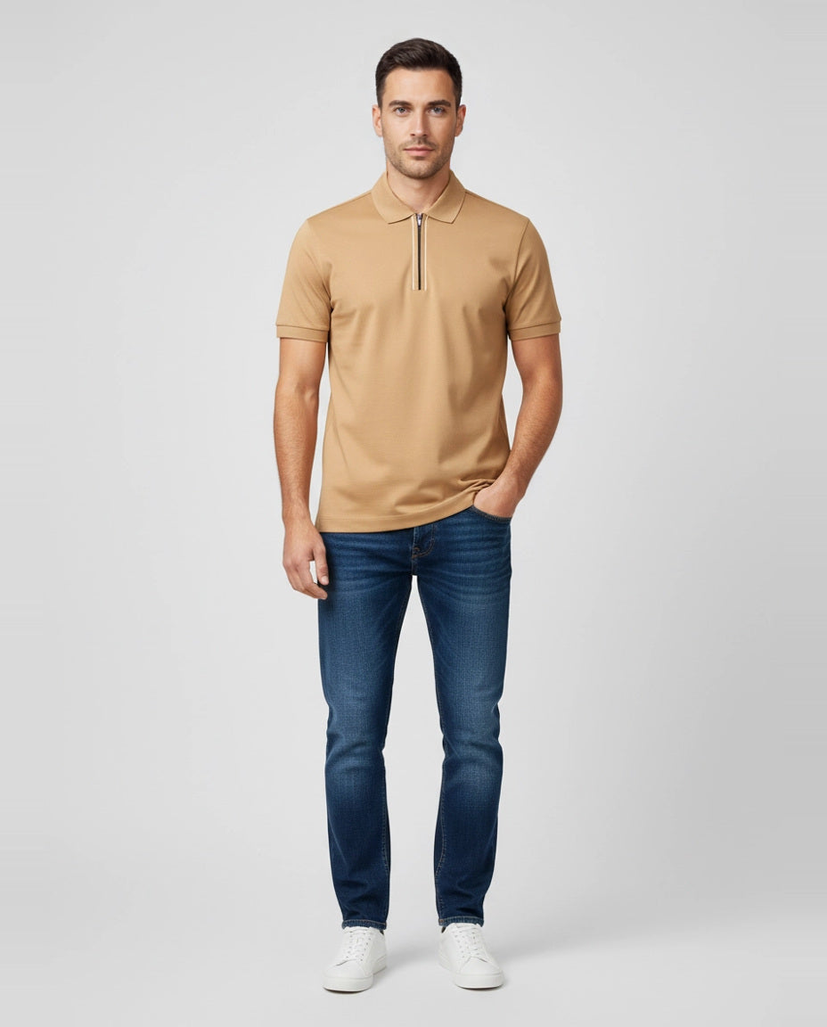 Mens BOSS Black H-Paras 65 Beige Zip Up Polo Shirt on model