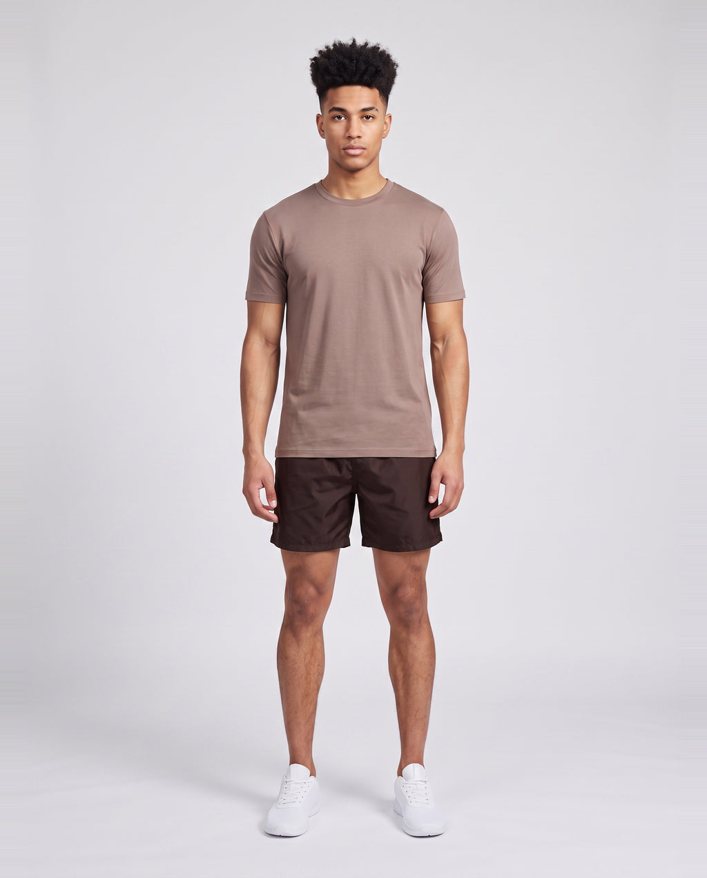Men's Catini Firenze Plain T-Shirt in Mocha & Baratti Versatile Shorts Chocolate Set — on model
