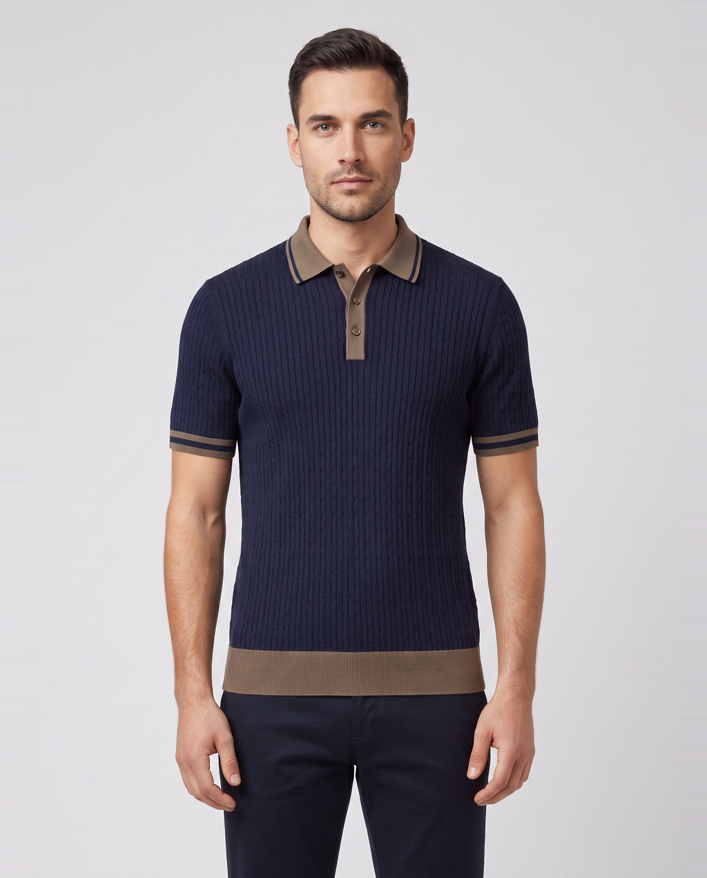 Men's Gran Sasso Navy Cable Knit 3 Button Polo Shirt — on model