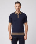 Men's Gran Sasso Navy Cable Knit 3 Button Polo Shirt — on model
