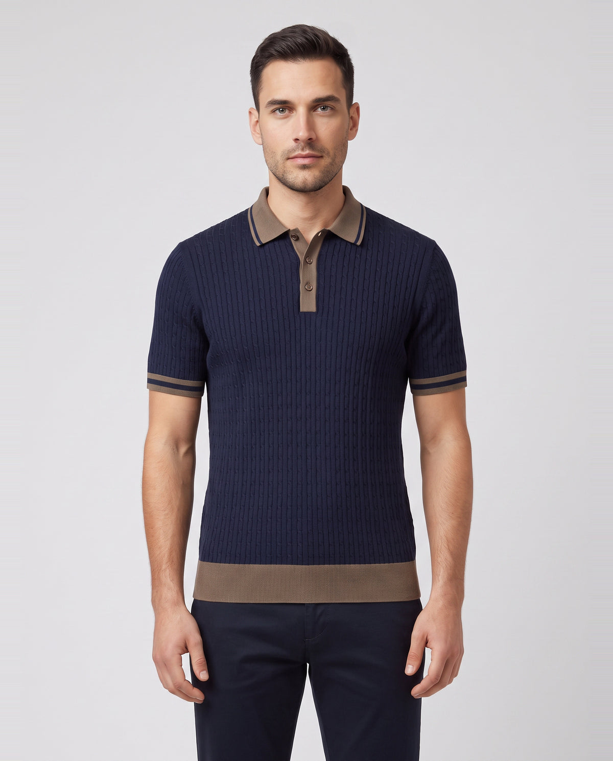 Men's Gran Sasso Navy Cable Knit 3 Button Polo Shirt — on model