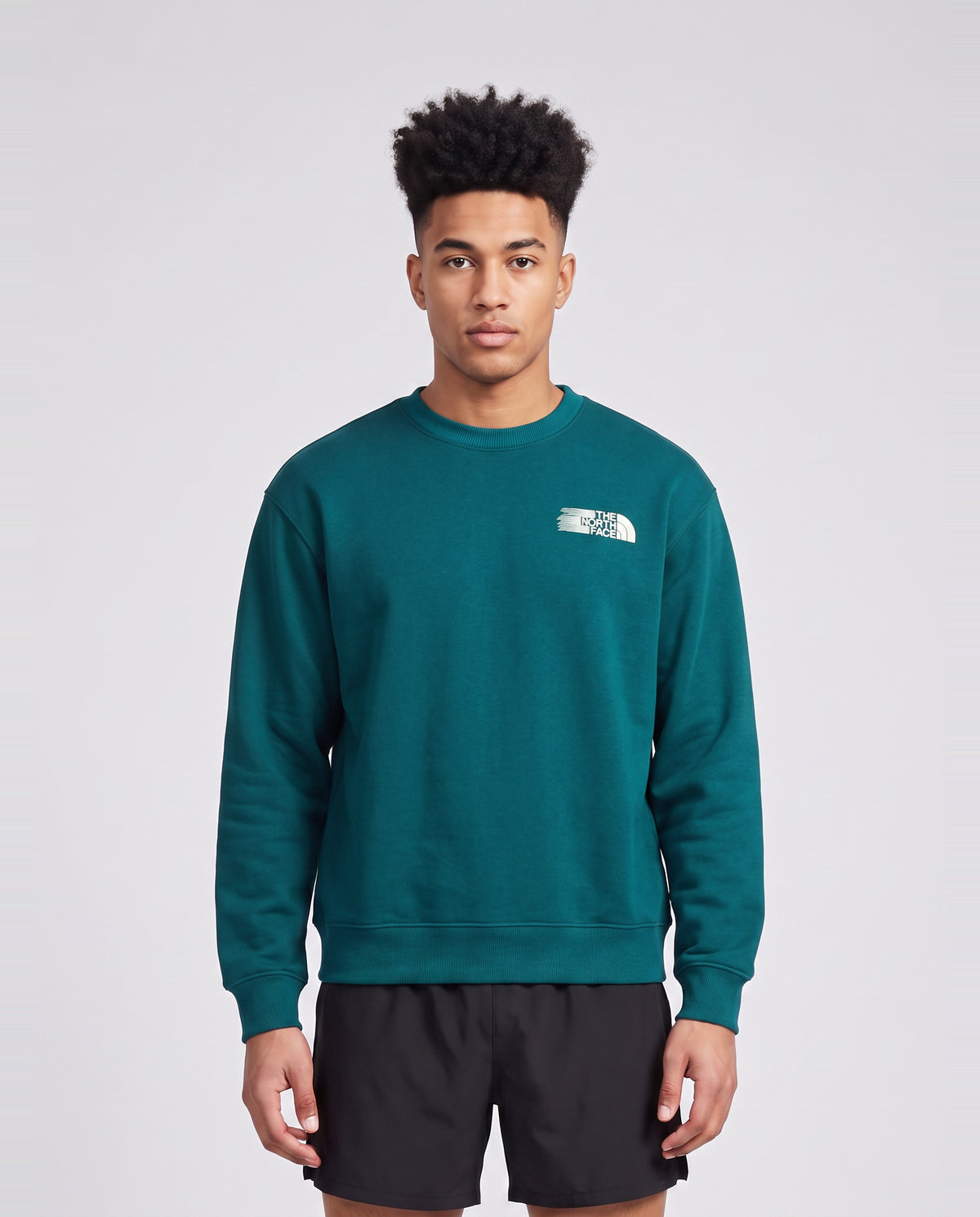 Men's The North Face Retro Trail Relaxed Crew Sweatshirt Pacific Teal — on model