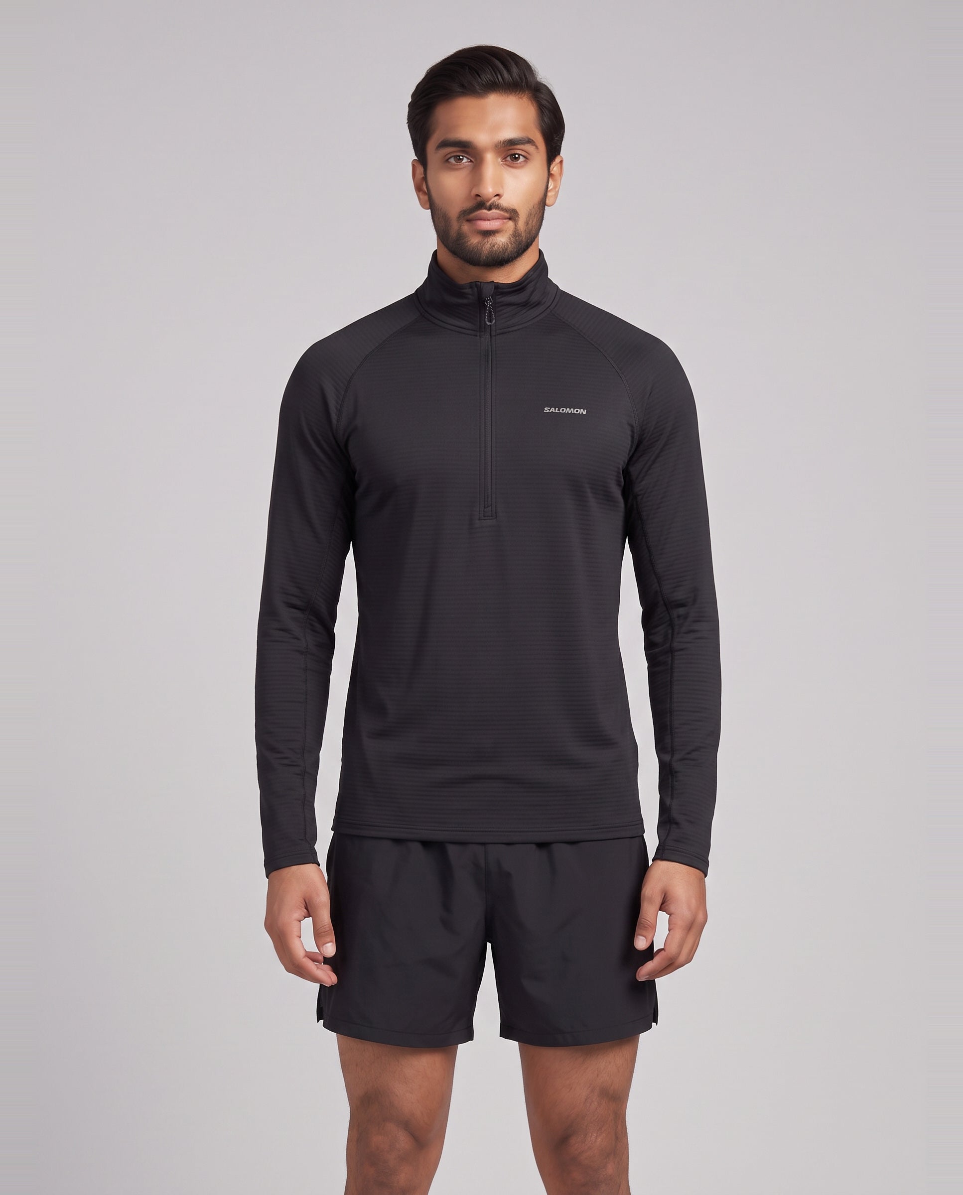 Mens Salomon SNTIAL LIGHTWARM Half Zip Deep Black Sweatshirt — on model