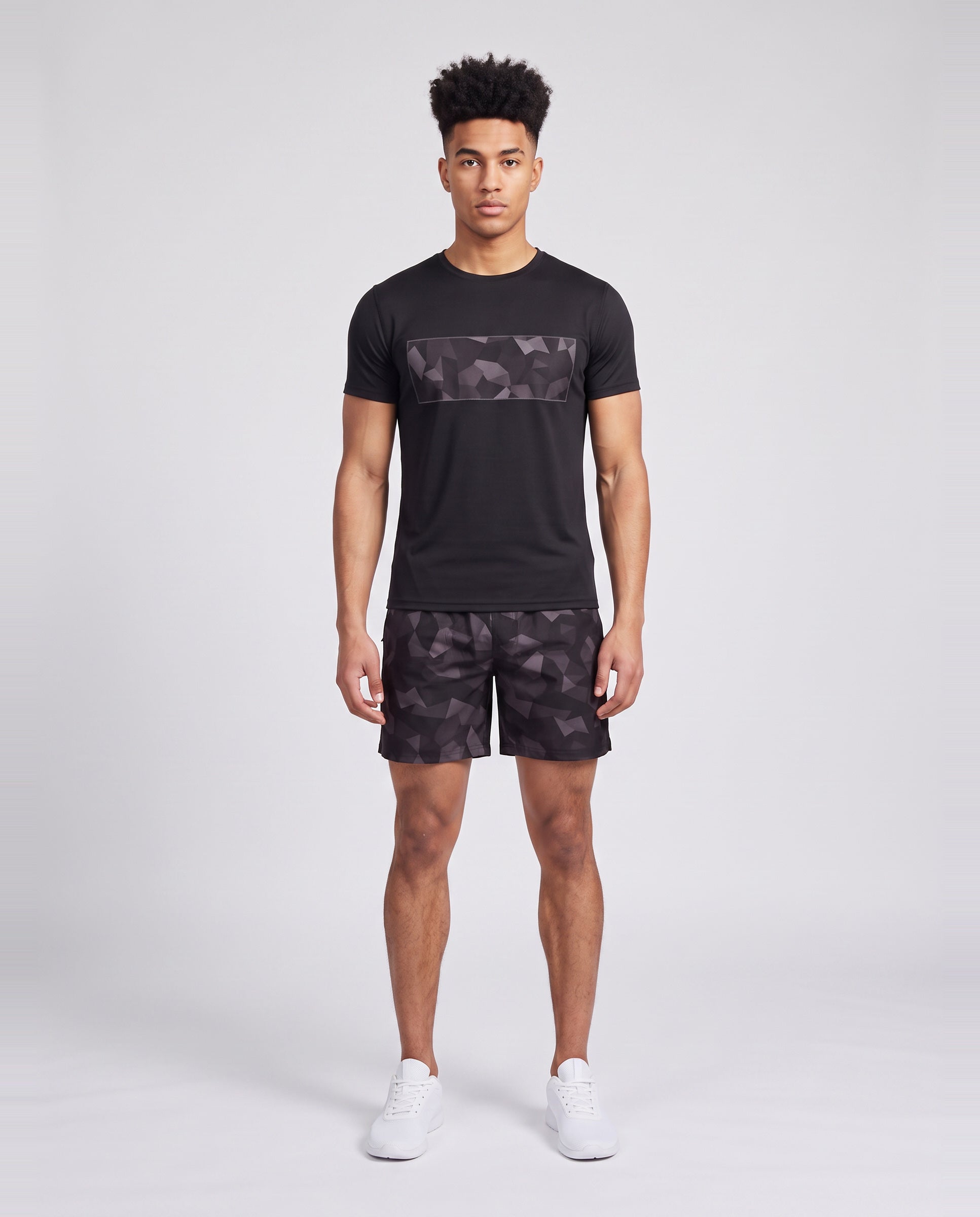 Men's Catini Astratto T-Shirt in Black & Astratto Shorts in Black Set — on model