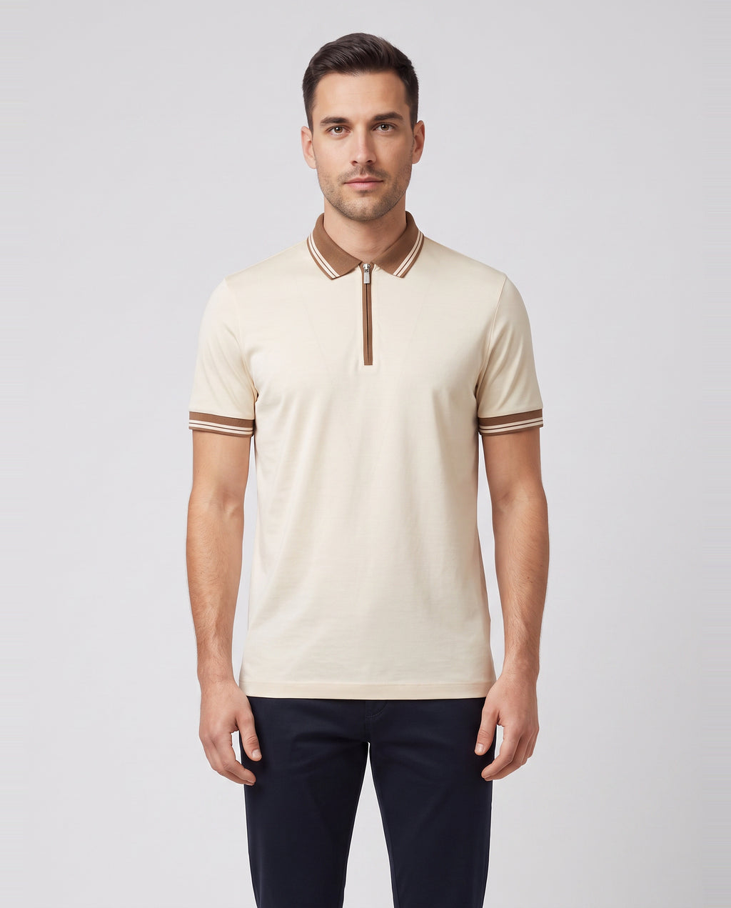Men's Gran Sasso Beige Mercerised Zip Polo Shirt — on model