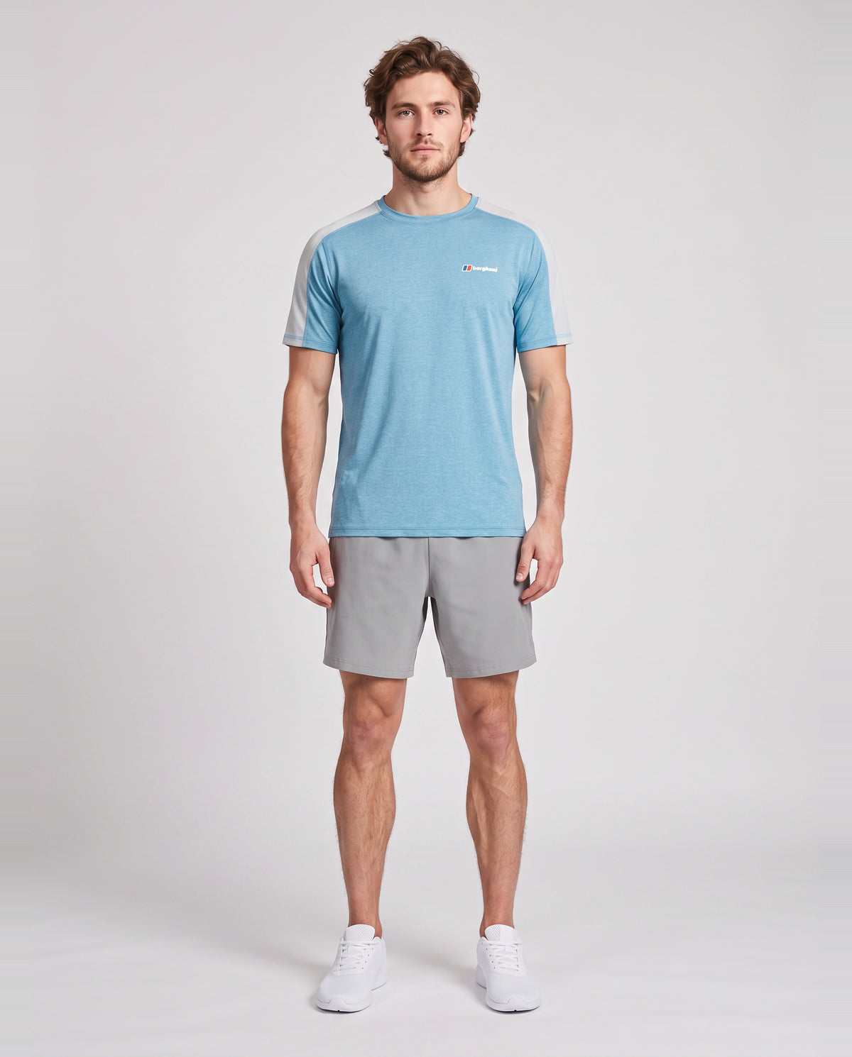 Men's Berghaus Farndale Tech Tee Genetic Blue Polar &  Wavertree Short in Grey Set — on model