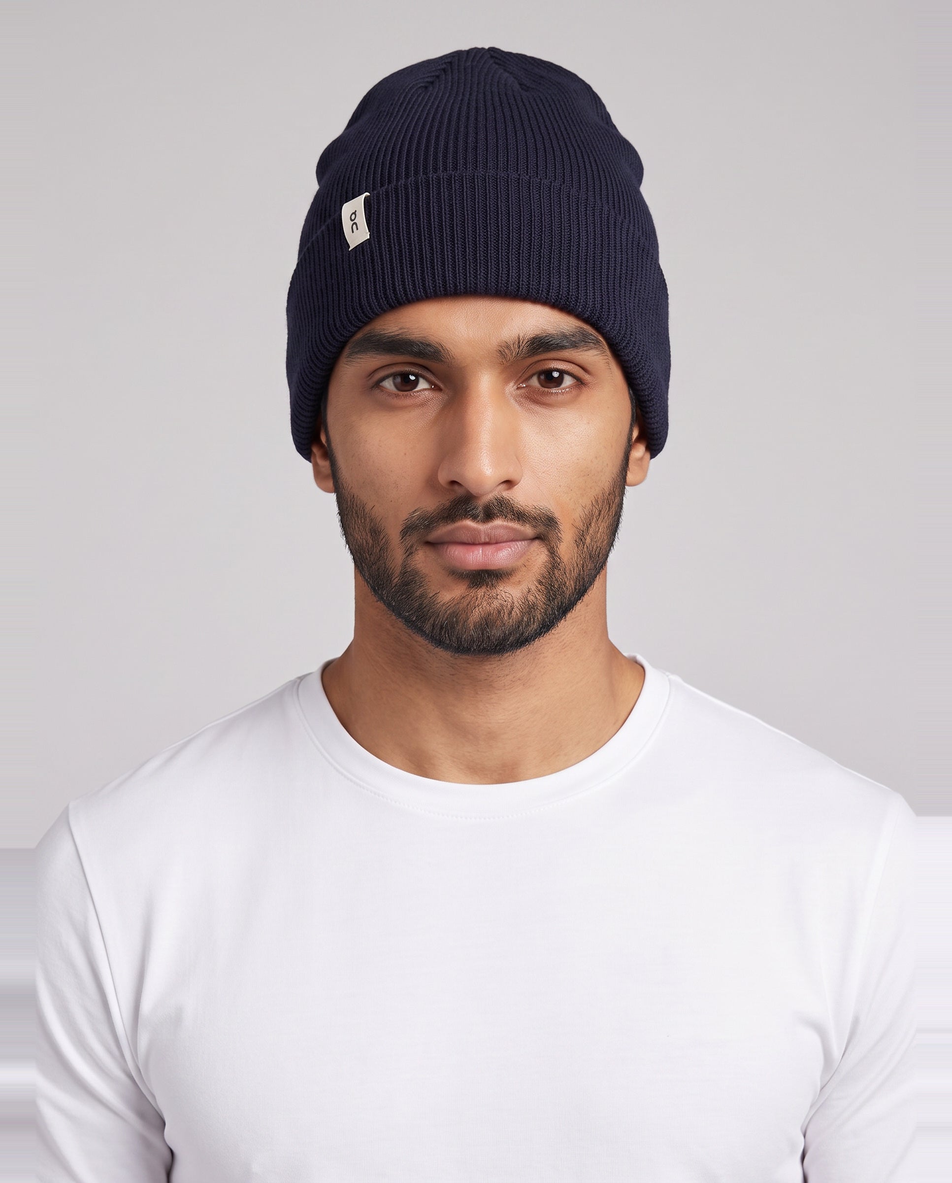 Men's On Running Navy Merino Beanie — on model