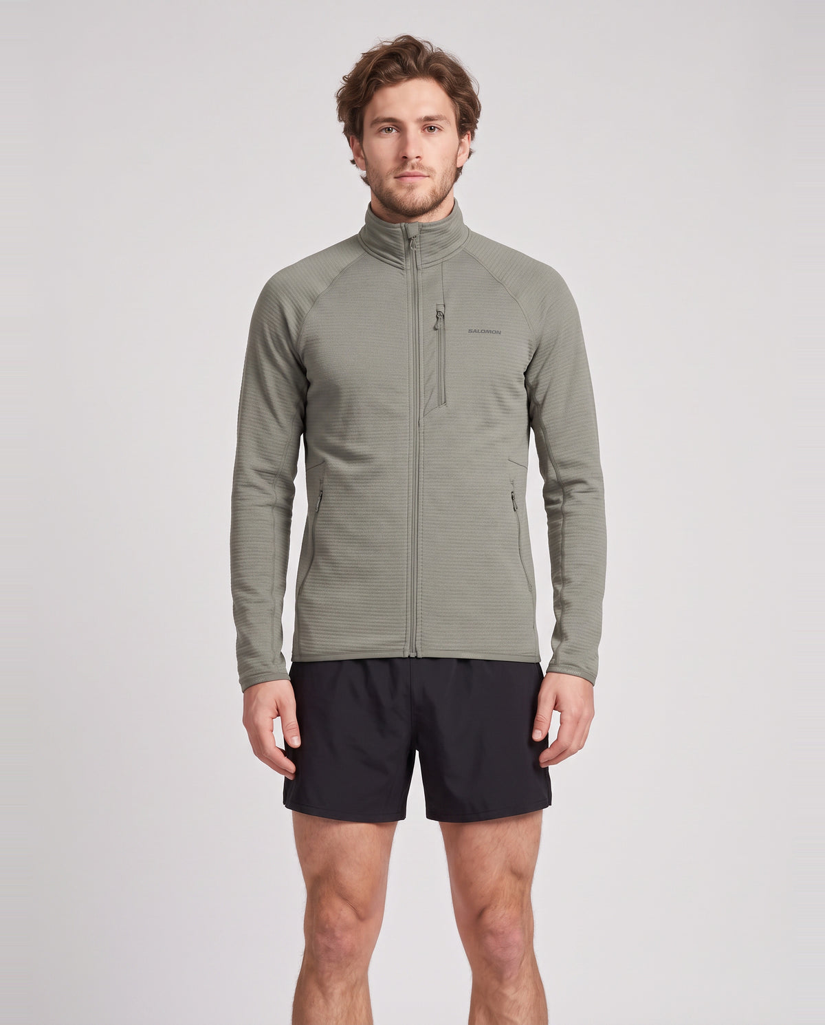 Mens Salomon SNTIAL LIGHTWARM FZ Castor Gray Jacket — on model