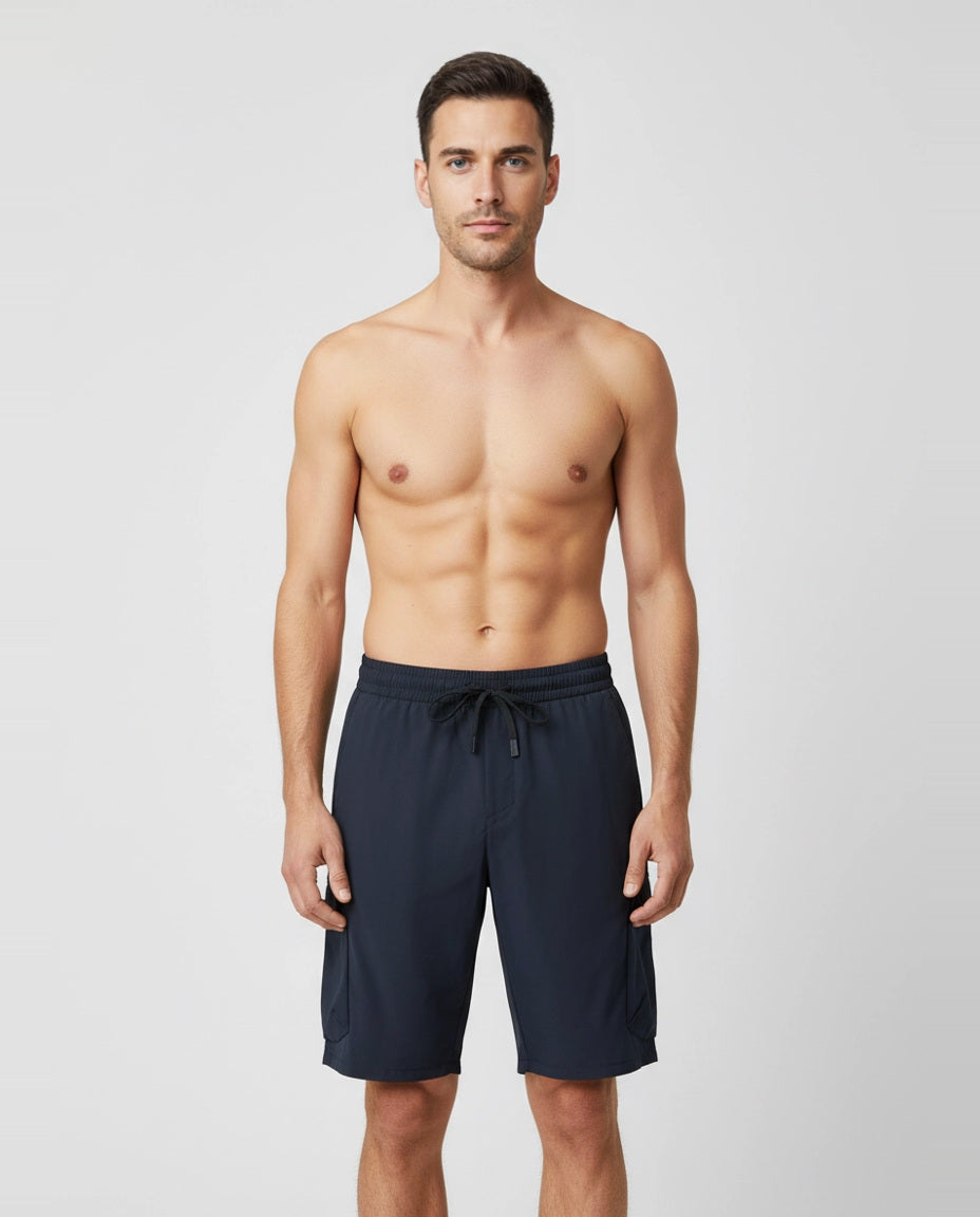 Mens BOSS Green S_Urbanex-Cargo Dark Blue Tapered Fit Shorts on model