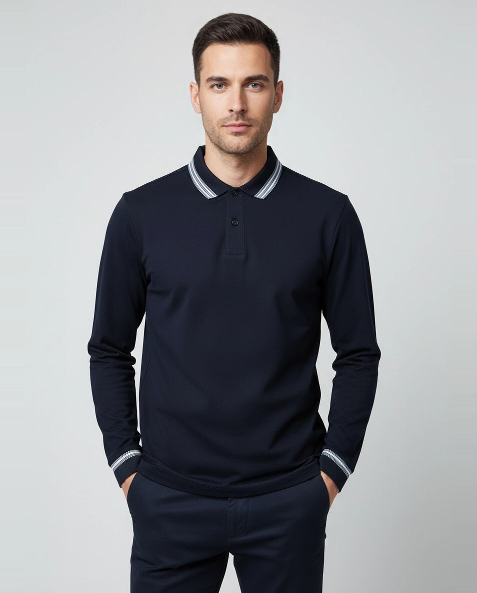 BOSS Black H-Pleins 202 Dark Blue Slim Fit Polo Shirt on model