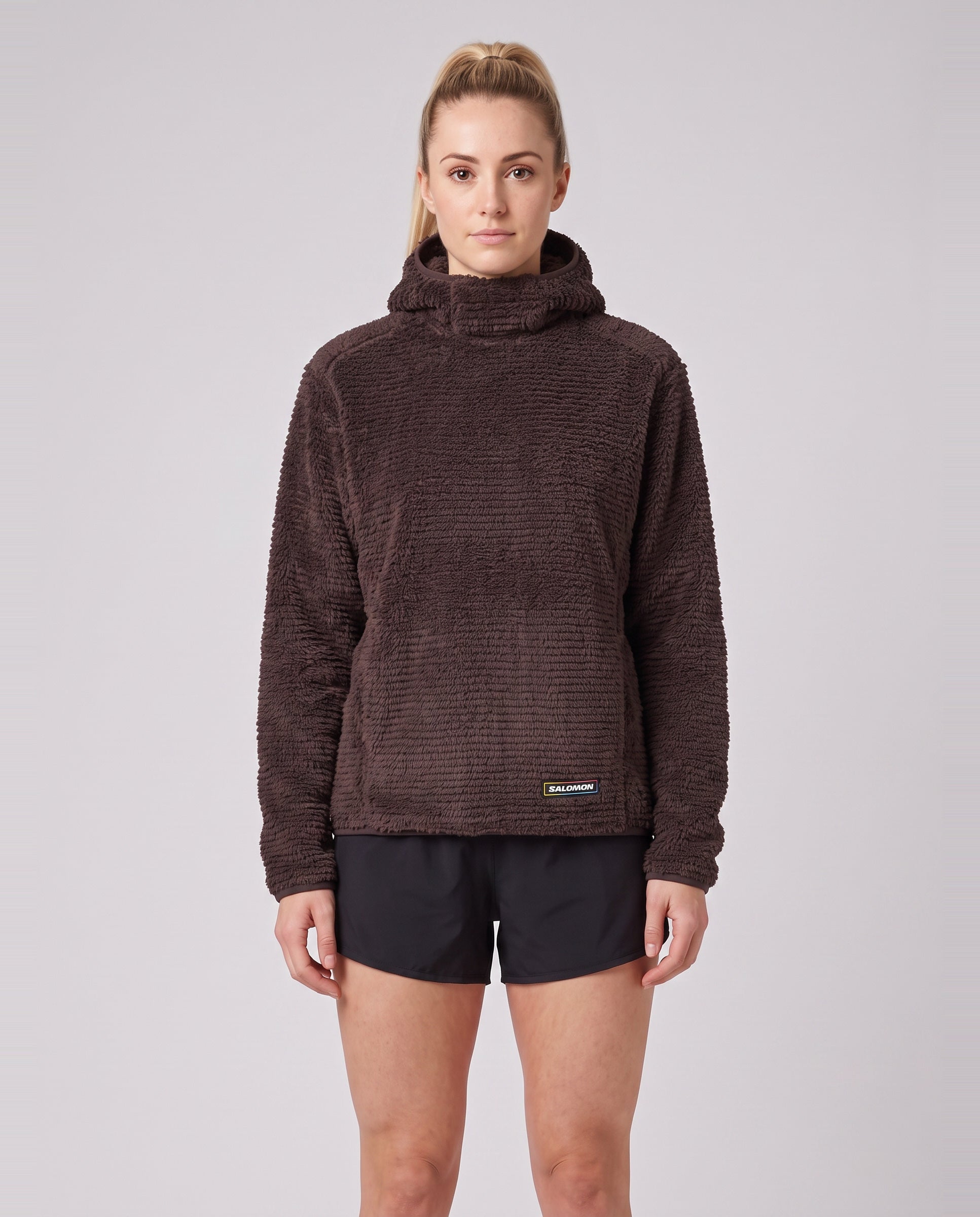 Womens Salomon THERNOVA FLEECE HD Coffee Bean Jackets — on model