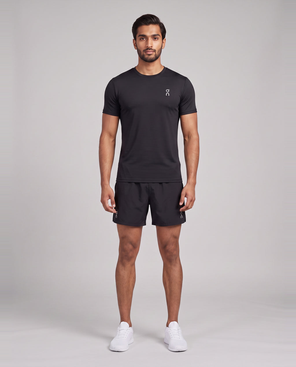 Men's On Running Black Core T Shirt & Black 7" Core Shorts Set — on model