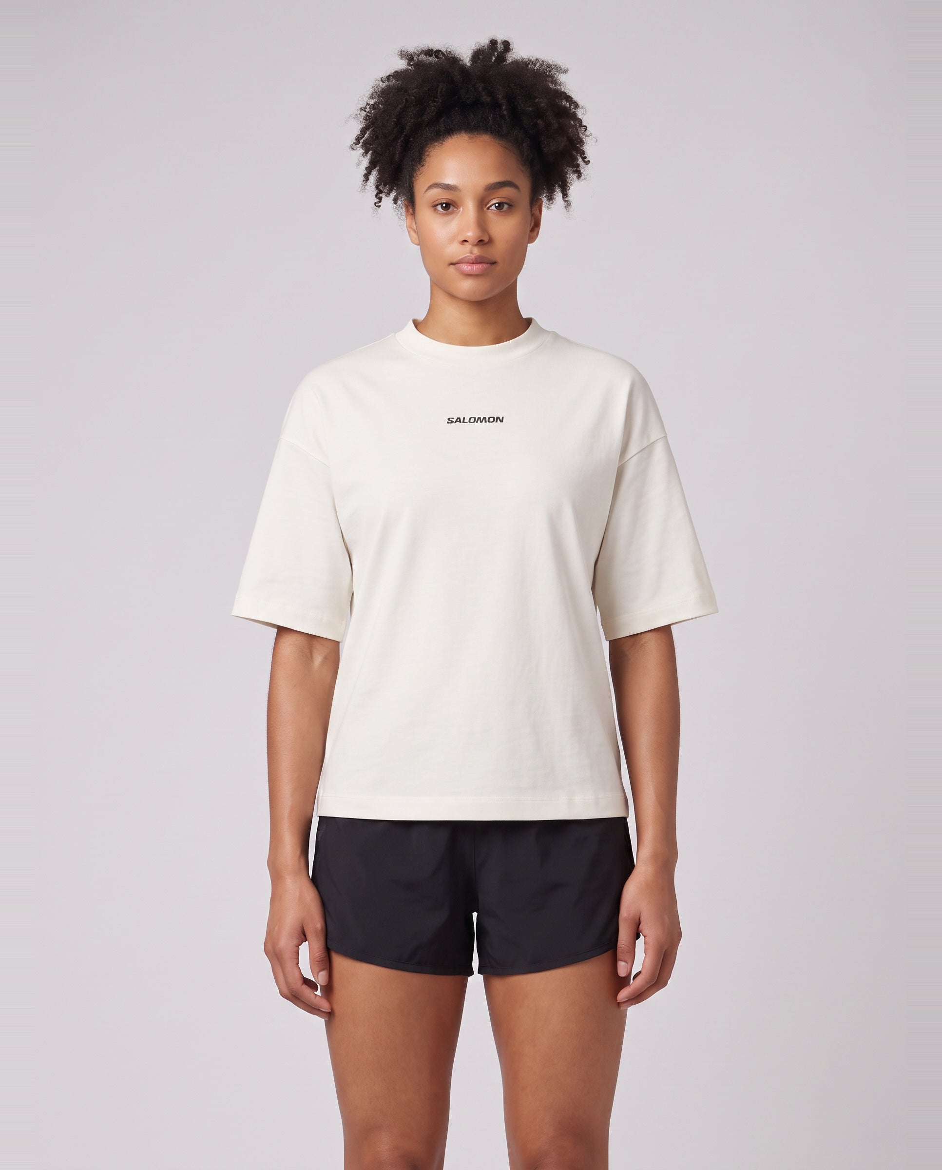 Womens Salomon LOGO SS TEE Whisper White T Shirts — on model