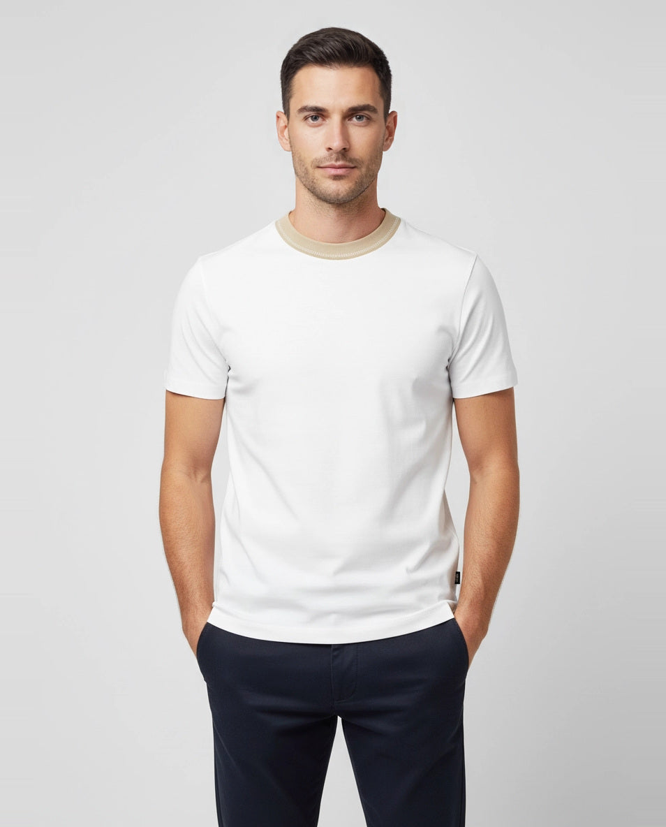 Mens BOSS Black H-Tessler 199 White Slim Fit T Shirt on model