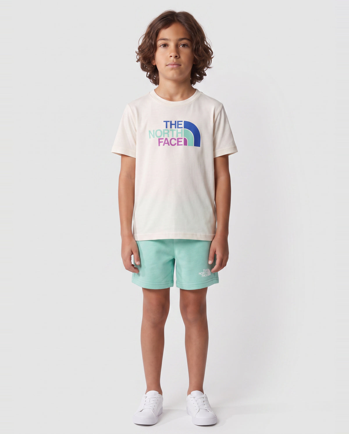 Boy's The North Face White Cotton Summer T Shirt And Short Set — on model
