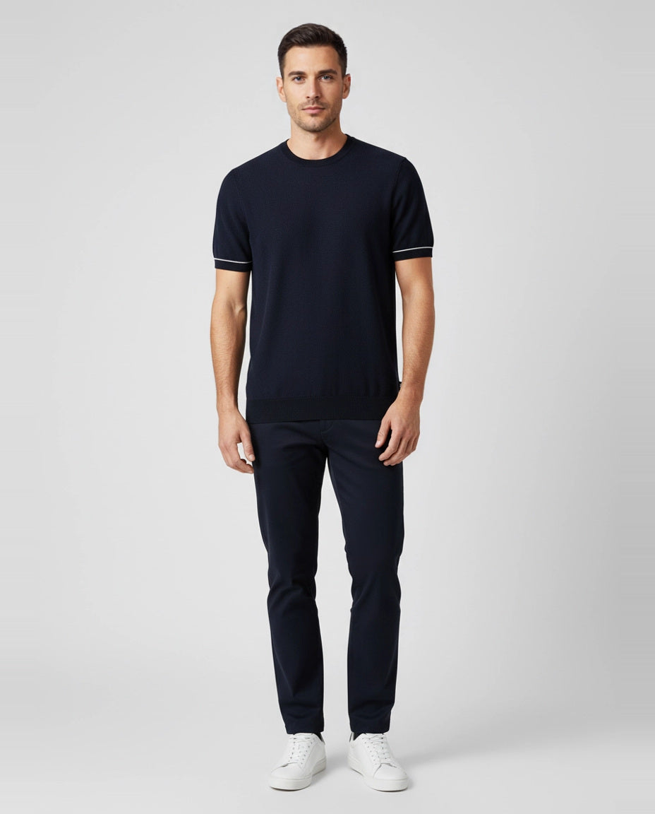 Mens BOSS Black H-Jianfranco Dark Blue Knitted T Shirt on model
