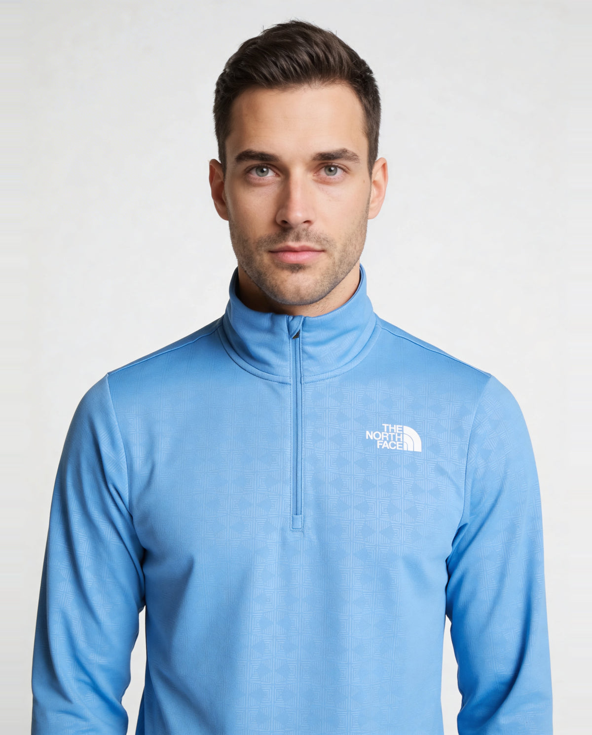 Mens The North Fcae 24/7 PT EMB Marina Blue 1/4 Zip Top - Model Front