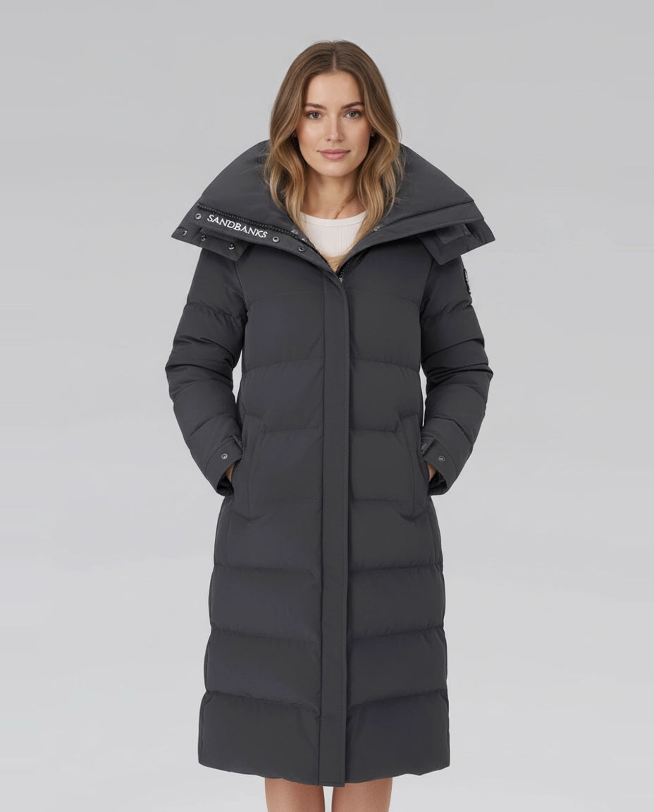 Women's Sandbanks Haven Charcoal Long Puffer Jacket on model