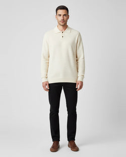 Mens Les Deux Light Ivory Billy Weave Knitted LS Polo on model