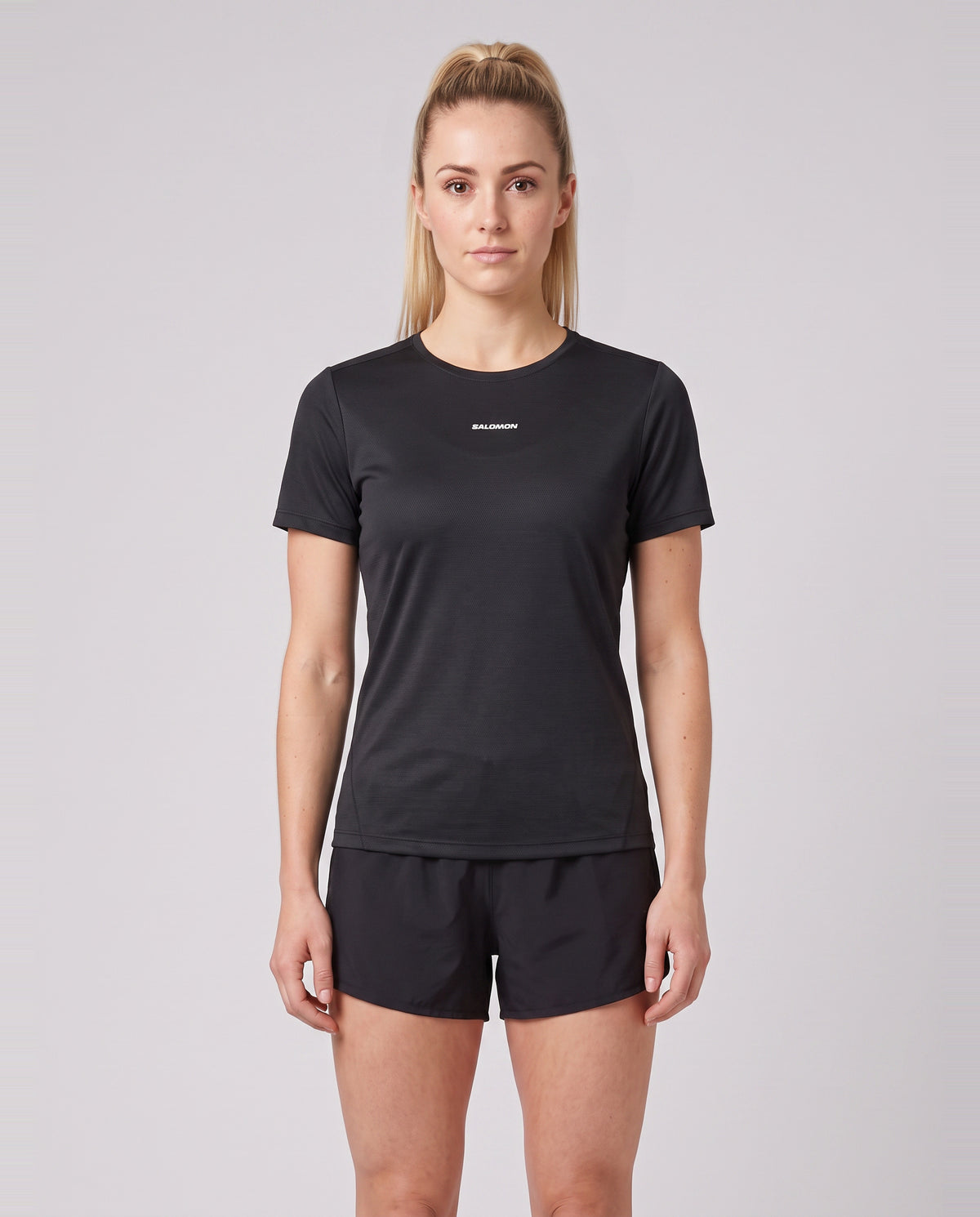 Womens Salomon Shakeout Core T Shirt in Black — on model