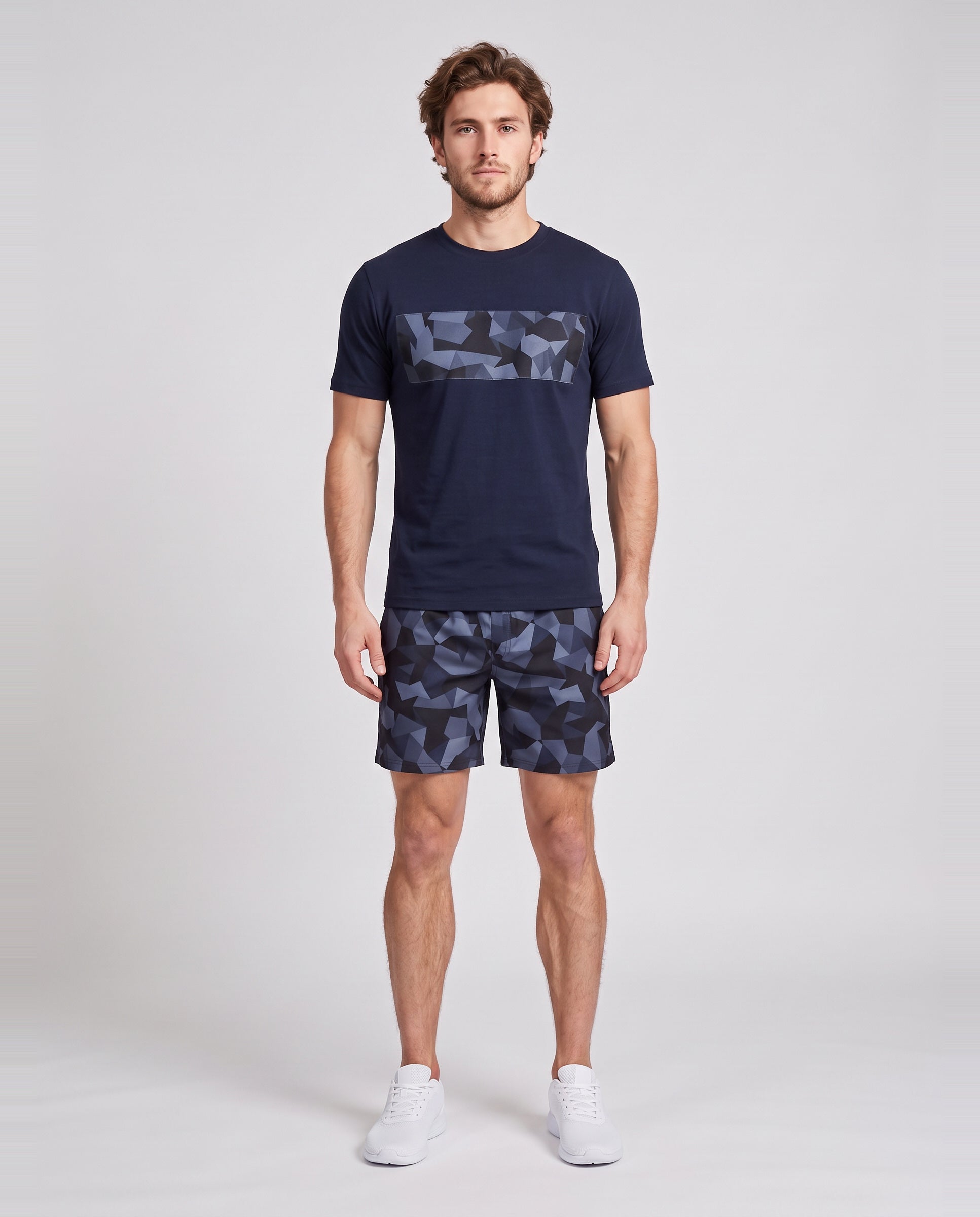 Men's Catini Astratto T-Shirt in White / Navy & Astratto Shorts in Navy Set — on model
