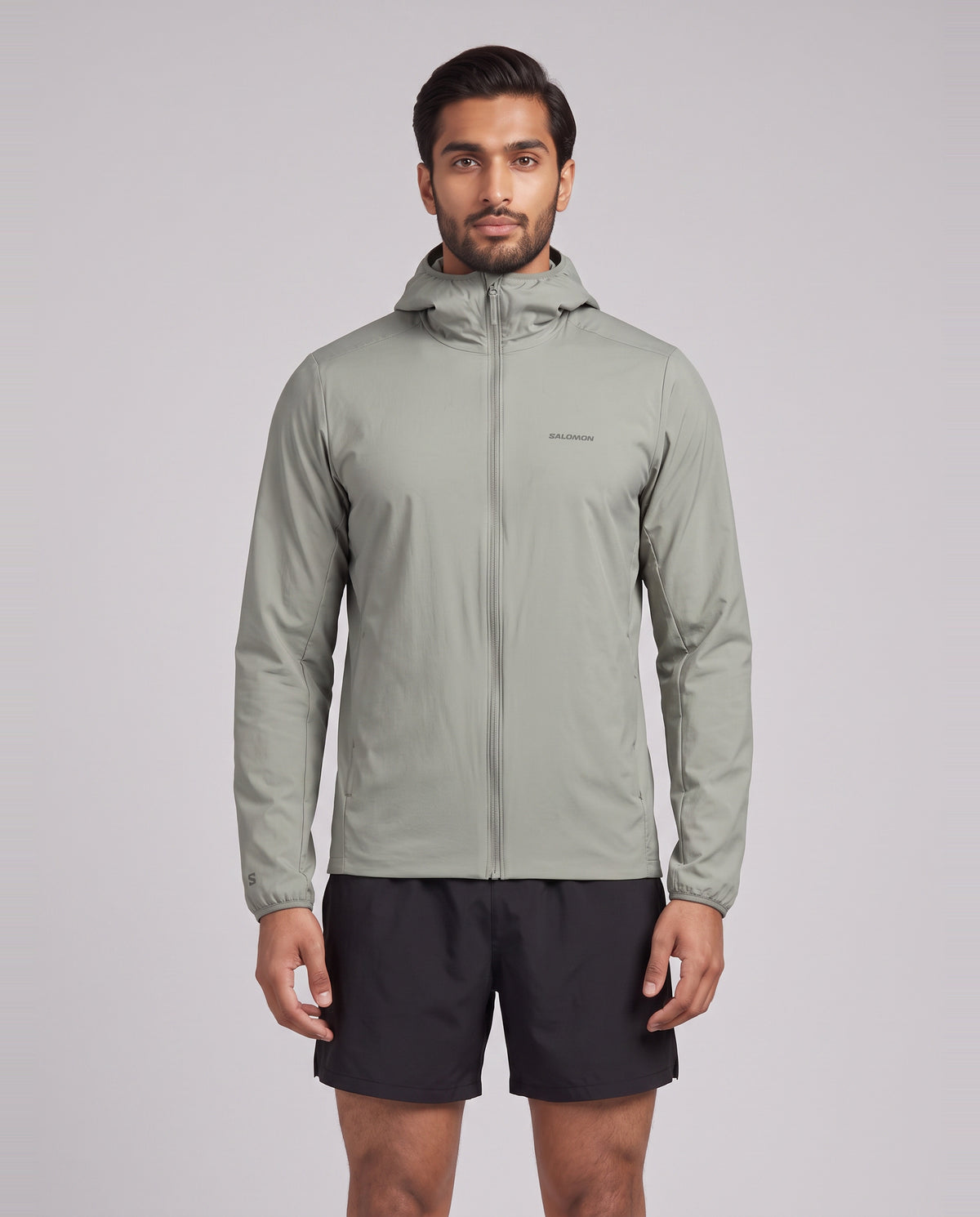 Mens Salomon MOUNTAIN FLEX JKT HD Castor Gray Jacket — on model
