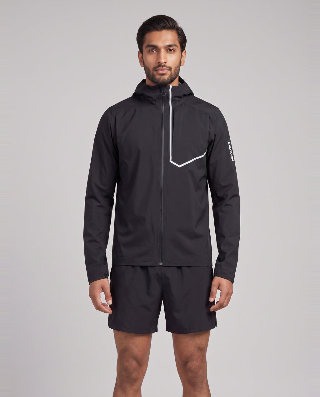 Men's Salomon Black Bonatti Trail Jacket — on model