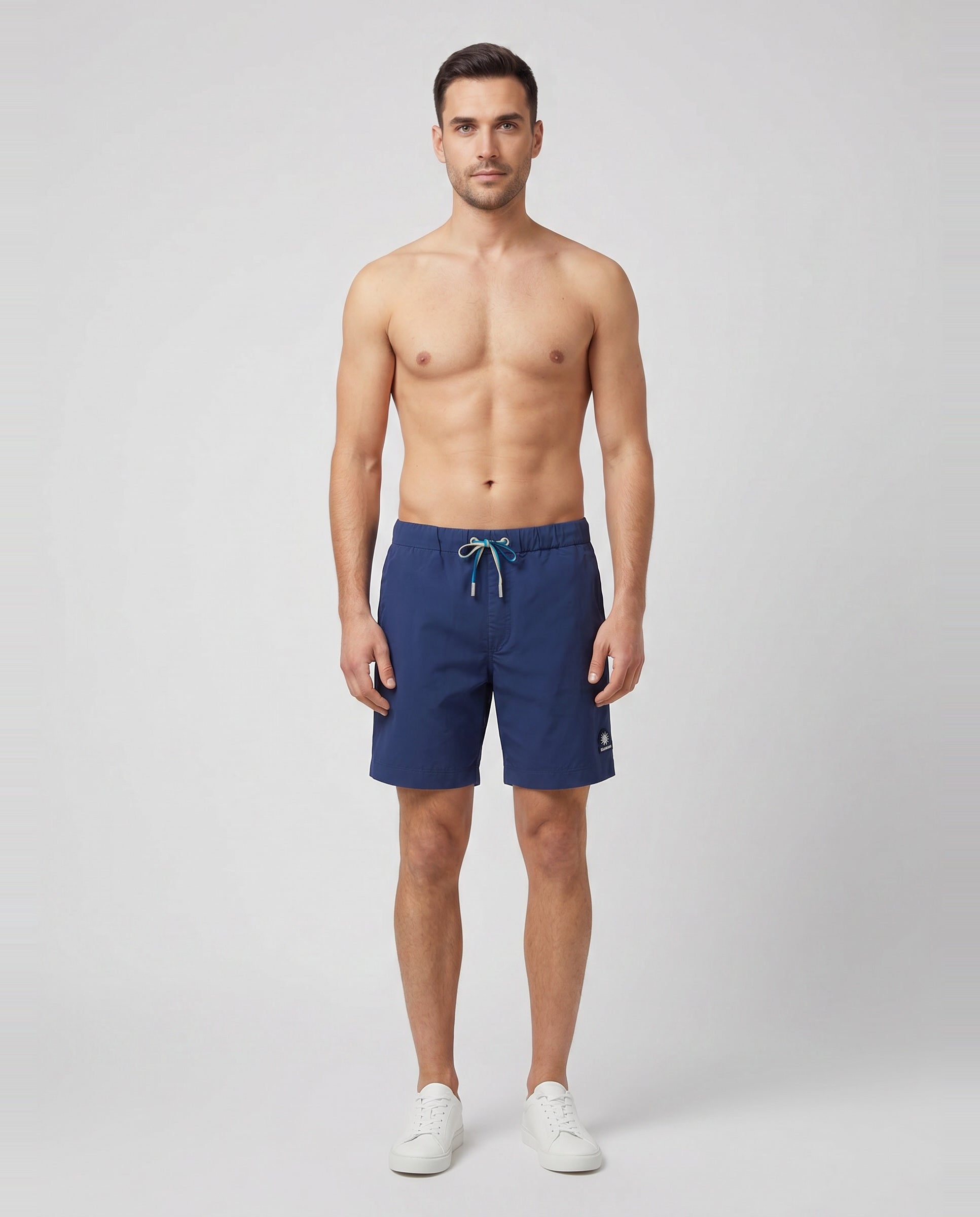 Men's Sandbanks Navy Relaxed Cotton Drawstring Short — on model