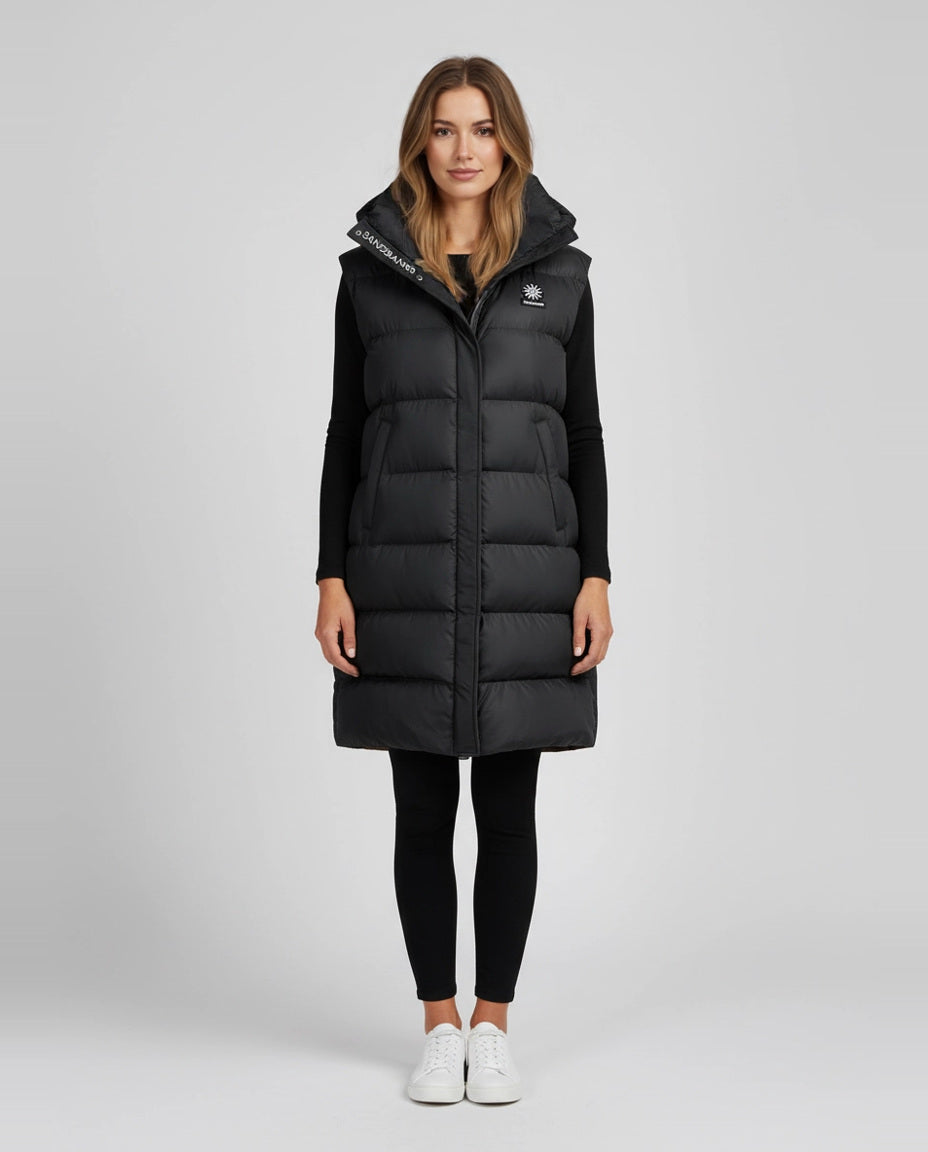 Women's Sandbanks Black Bay Long Hooded Gilet on model