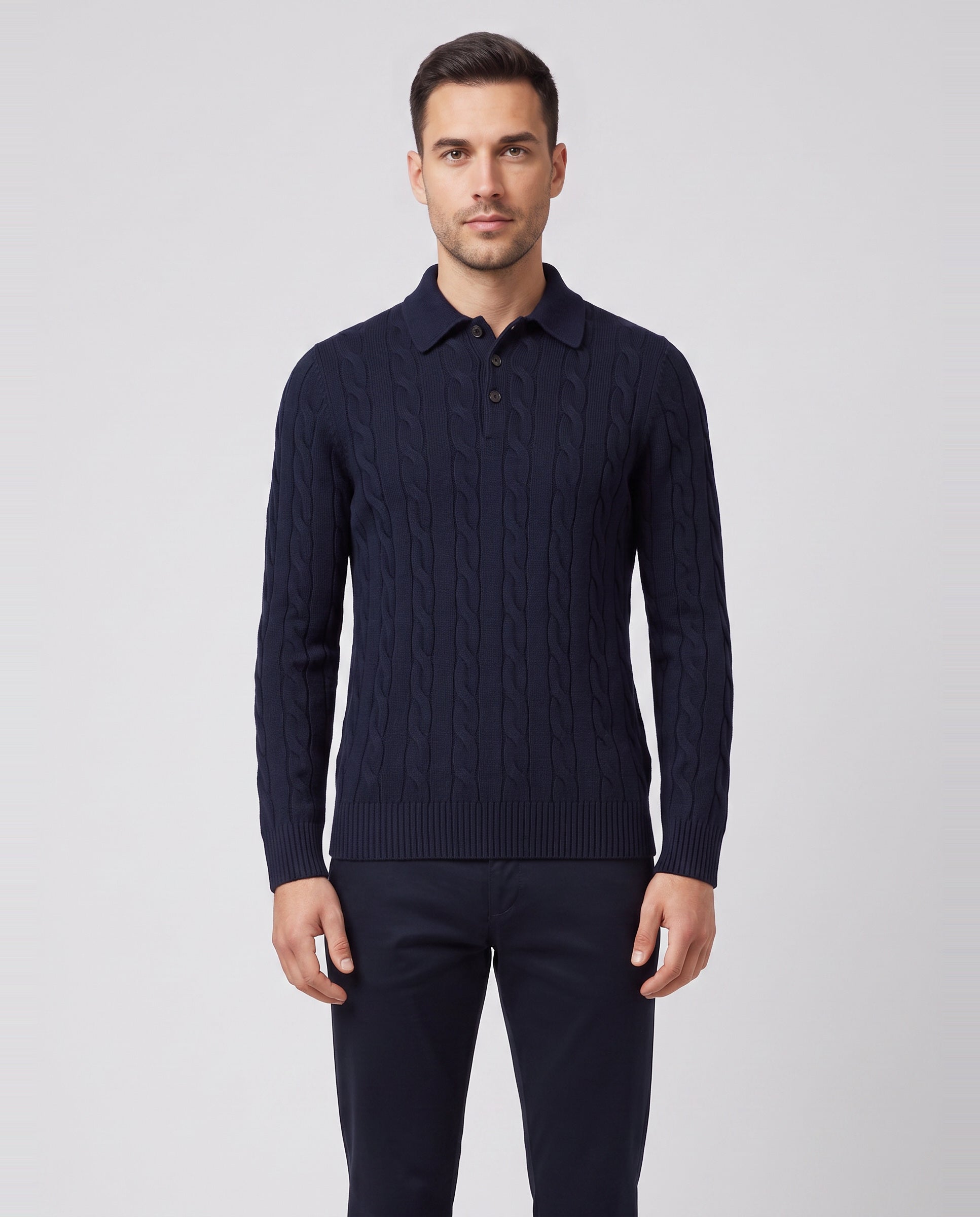 Men's Gran Sasso Navy Long Sleeve Cable Knitted Polo — on model