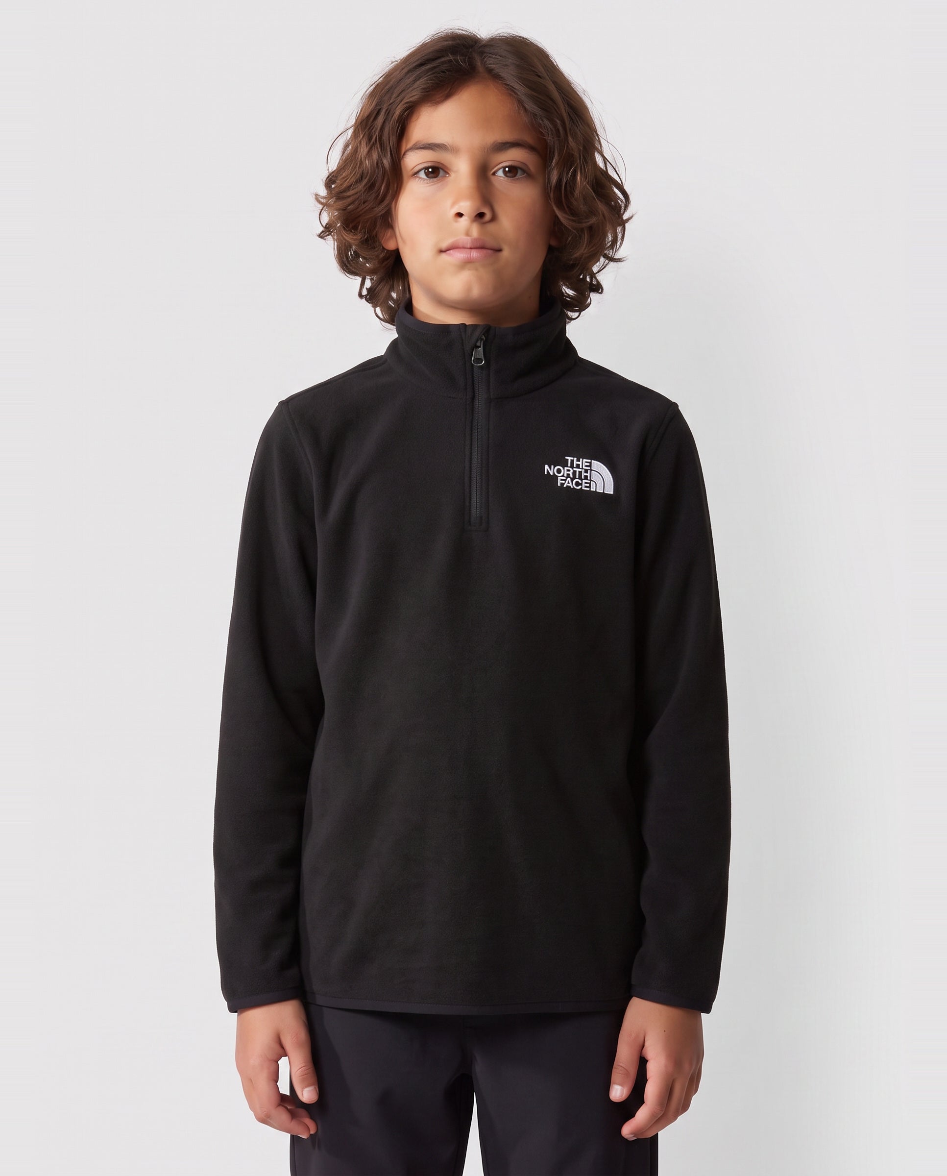 Boys The North Face Teen Glacier 1/4 Zip Black Fleece — on model