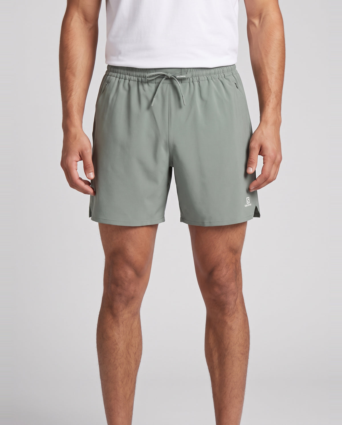 Mens Salomon SHKout C NO L SHTS 7'' Castor Gray Short — on model