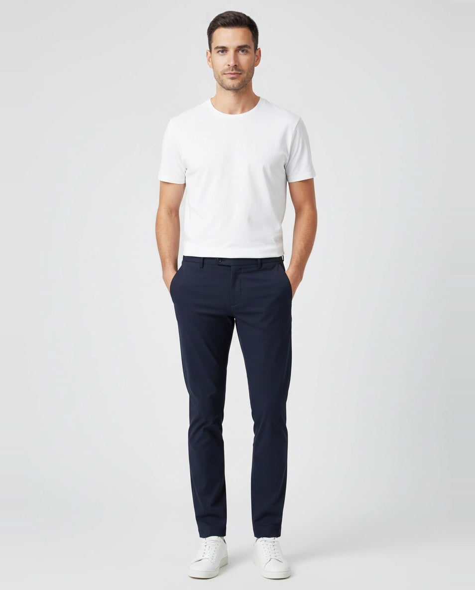 Mens BOSS Black P-Genius Dark Blue Tech Trouser on model