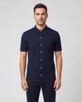Men's Gran Sasso Navy Cable Knit Full Button Up Polo Shirt — on model