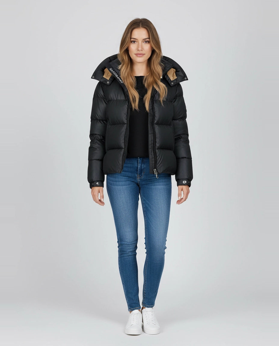 Women's Sandbanks Black Aurora Puffer Coat on model