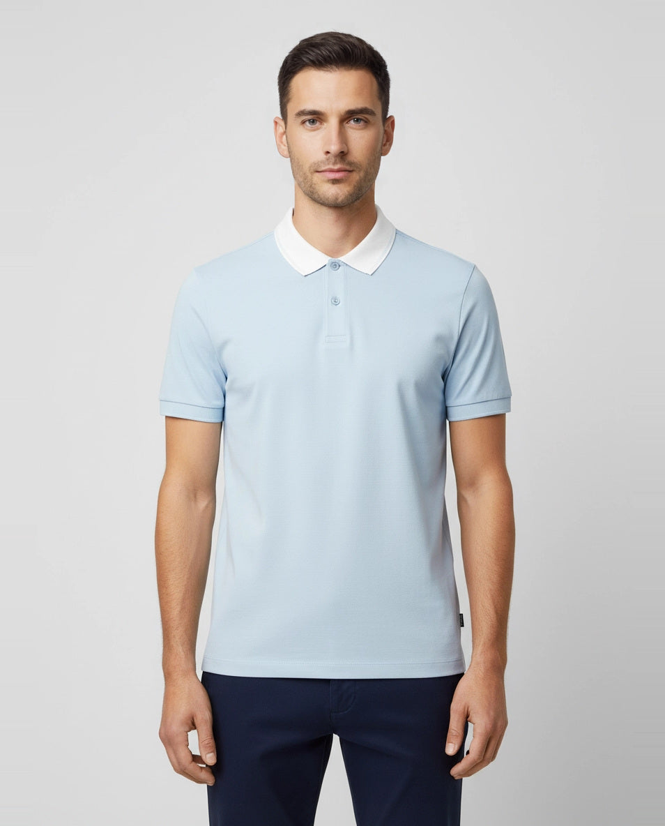 Mens BOSS Black H-Phillipson 199 Slim Fit Light Pastel Blue Polo Shirt on model