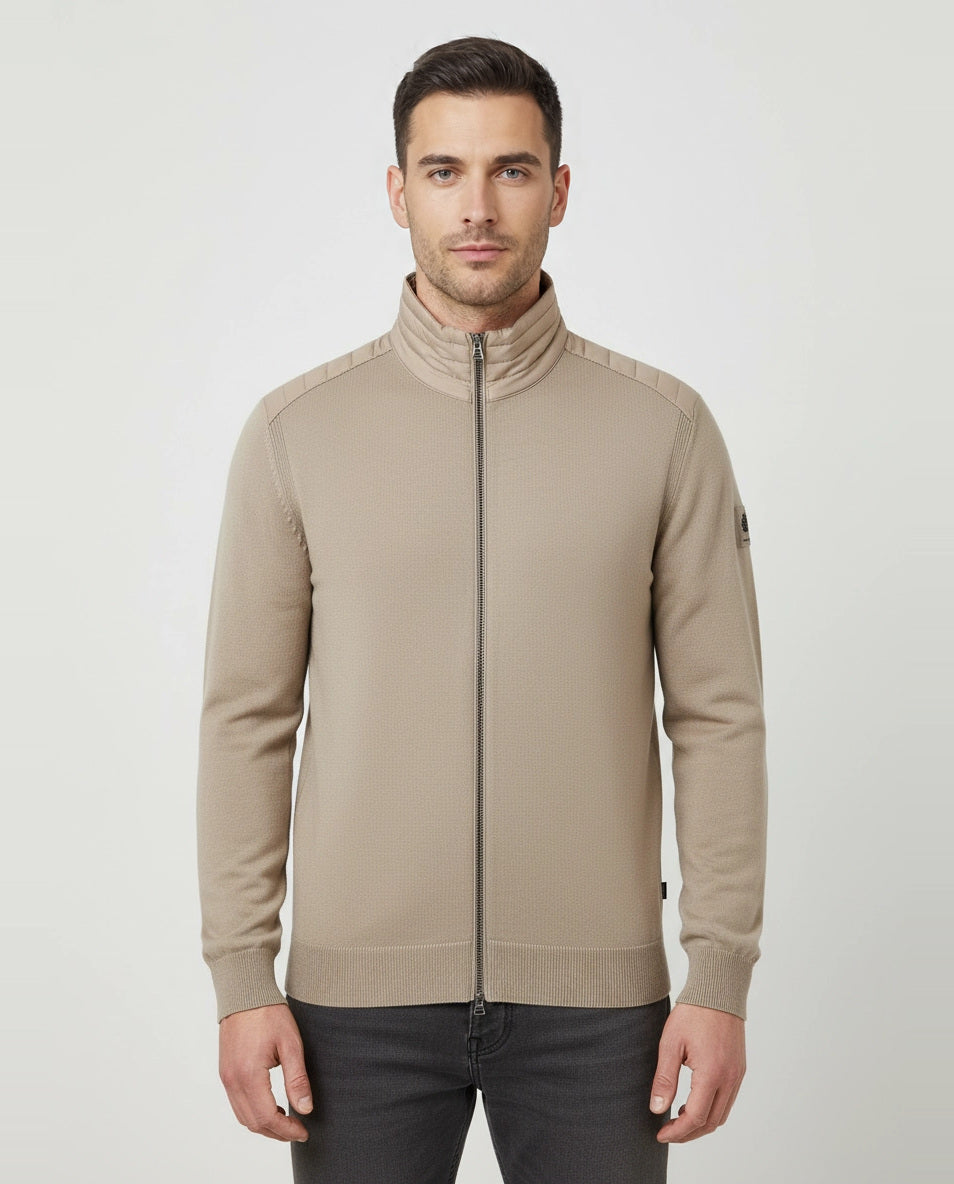 Mens Belstaff Kelby Zip Dark Sand Knitwear on model