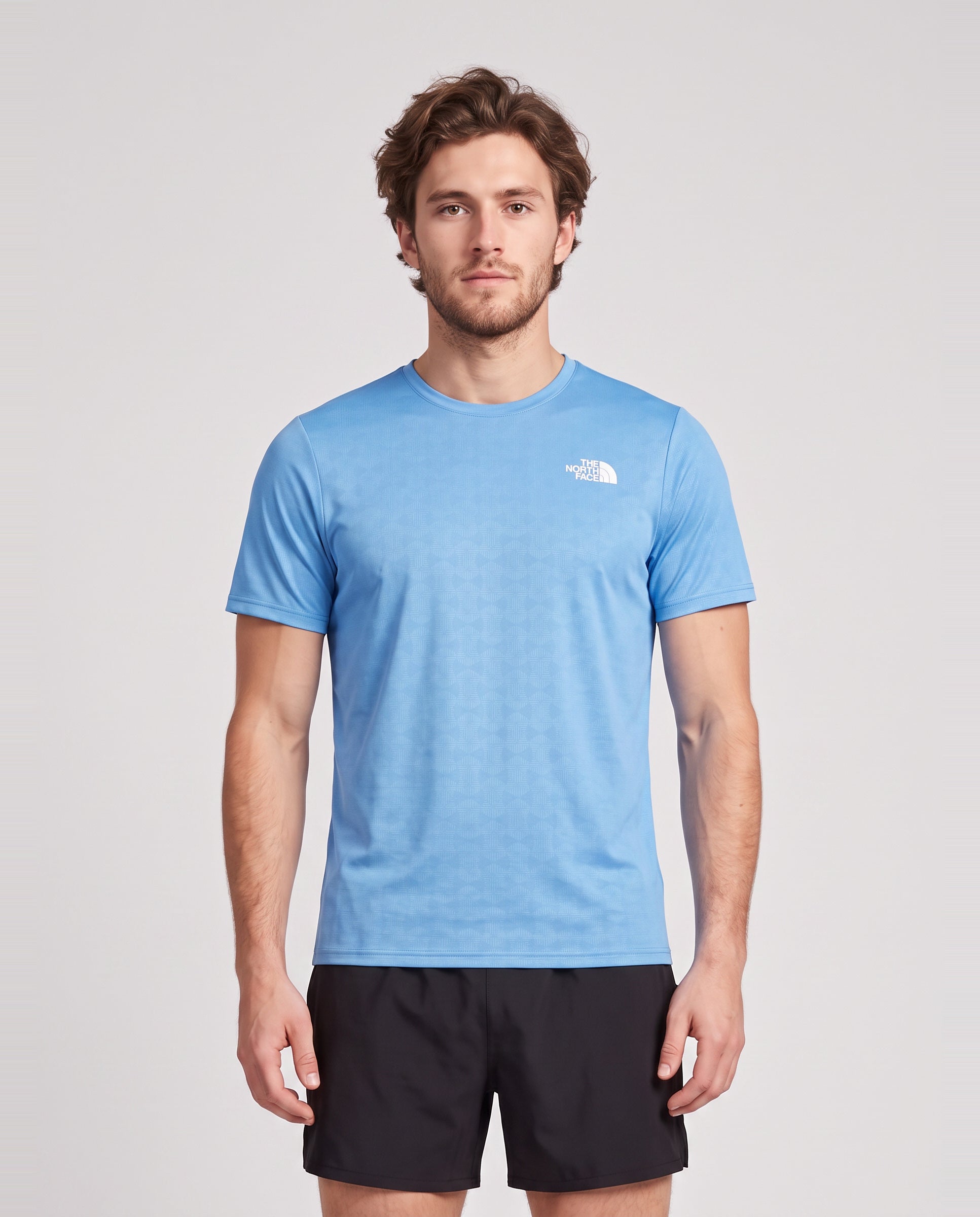 Mens The North Face 24/7 PTD EB RG SS Marina Blue T Shirt — on model