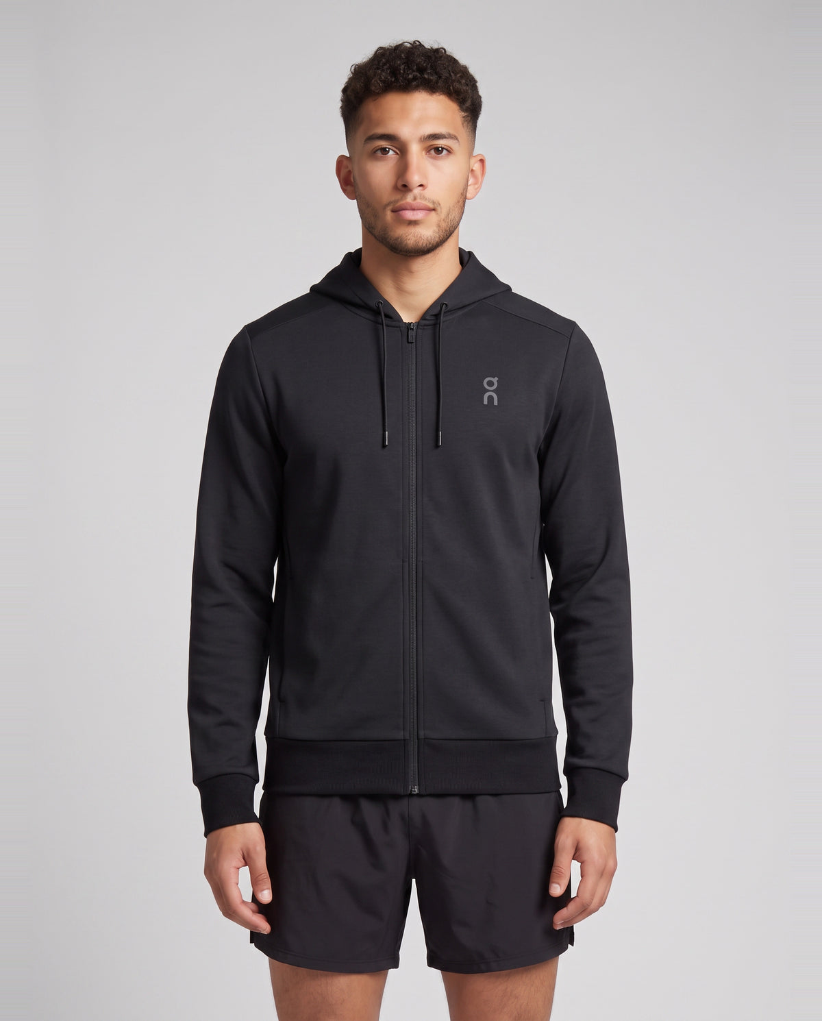 Men's On Running Black Focus Tech Zipped Hoodie — on model
