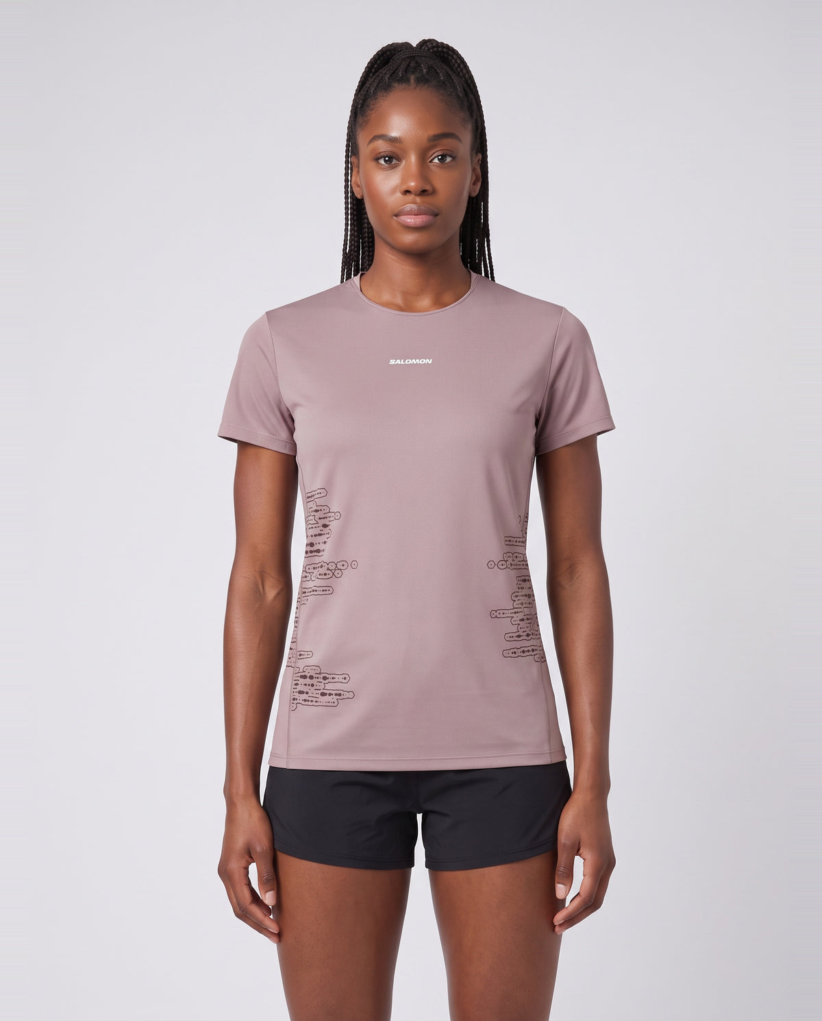 Womens Salomon Sense Aero SS Tee GFX Chocolate worn by model