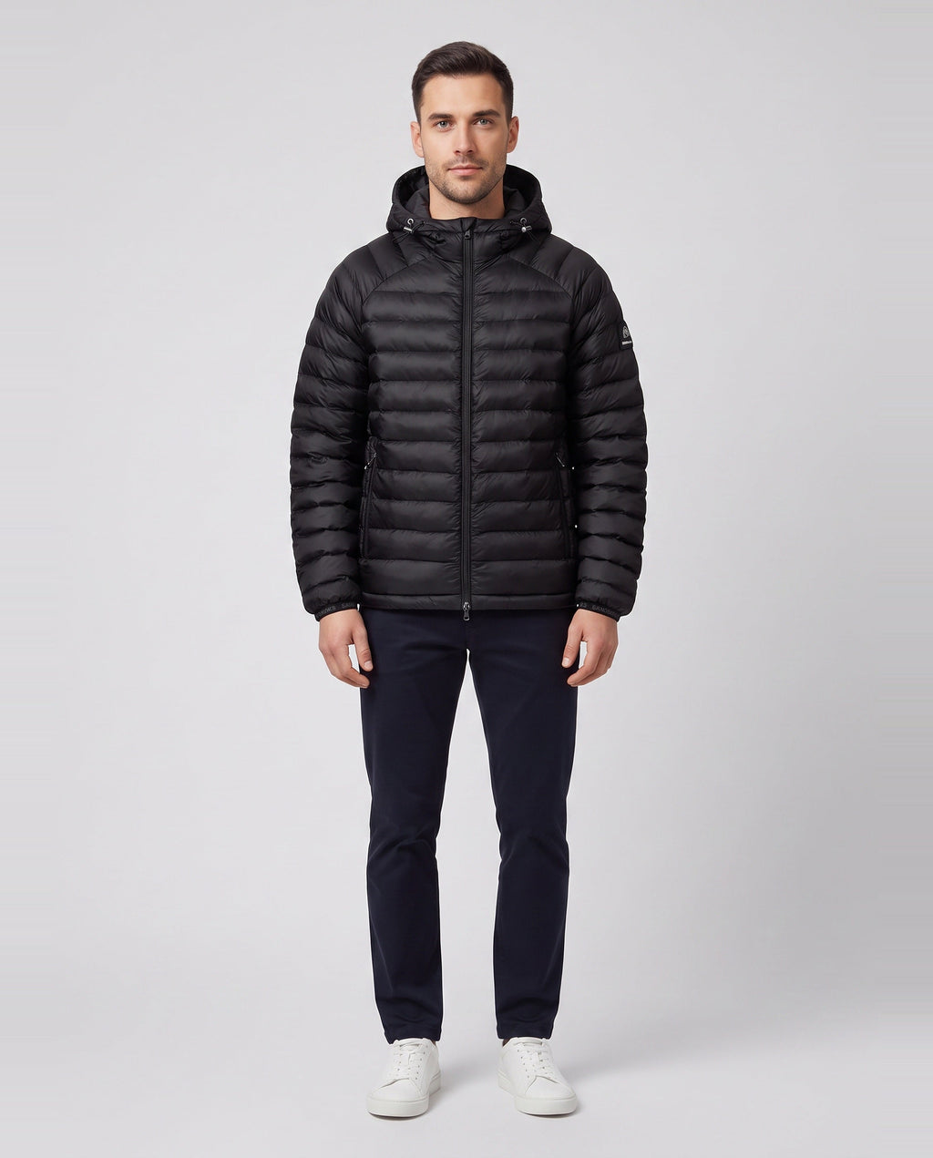 Men's Sandbanks Black Ragland Hooded Ripstop Micro Puffer Jacket - on model